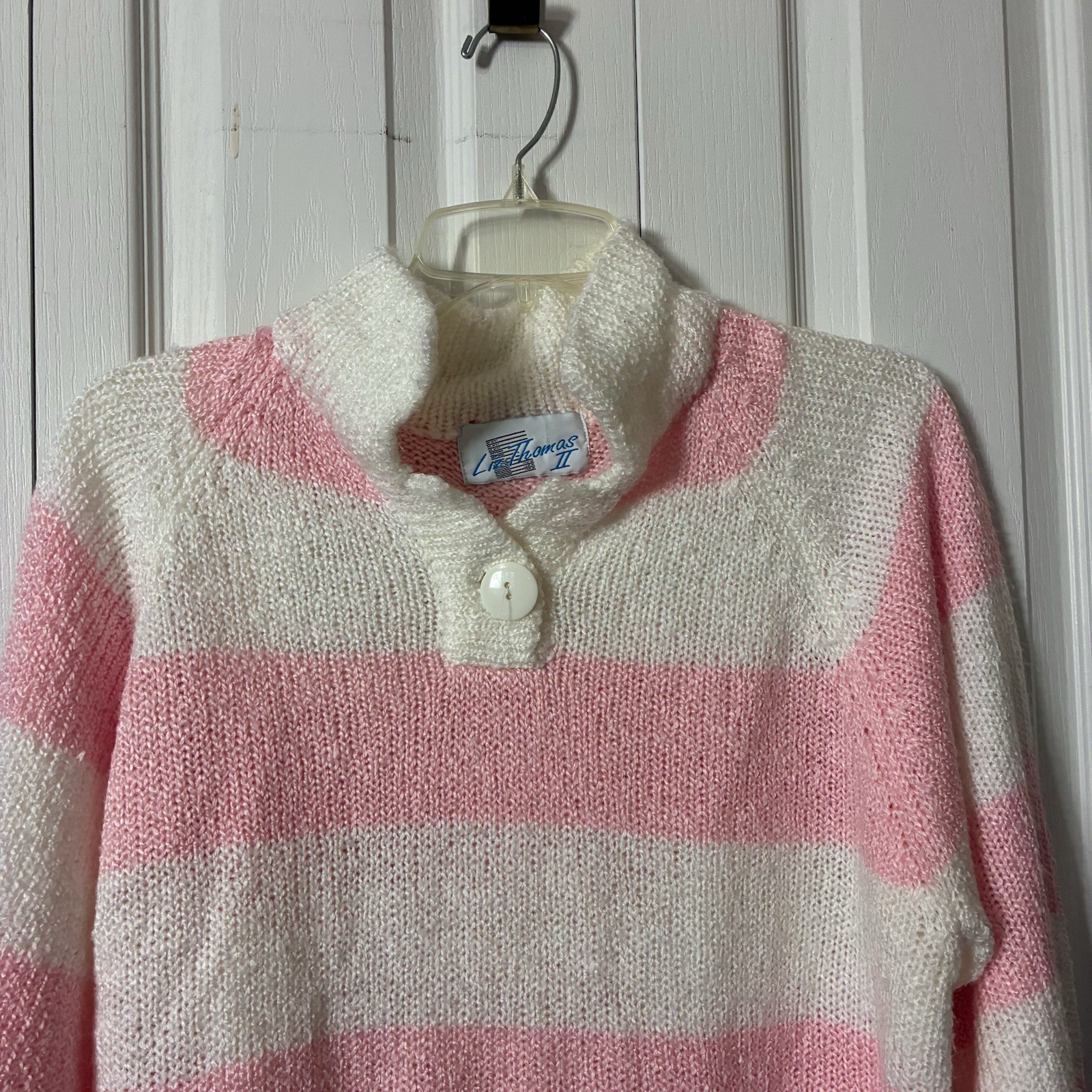 Liz Thomas Vintage Knit Sweater Sz 42/22W Pink White Chunky Stripes Collared
