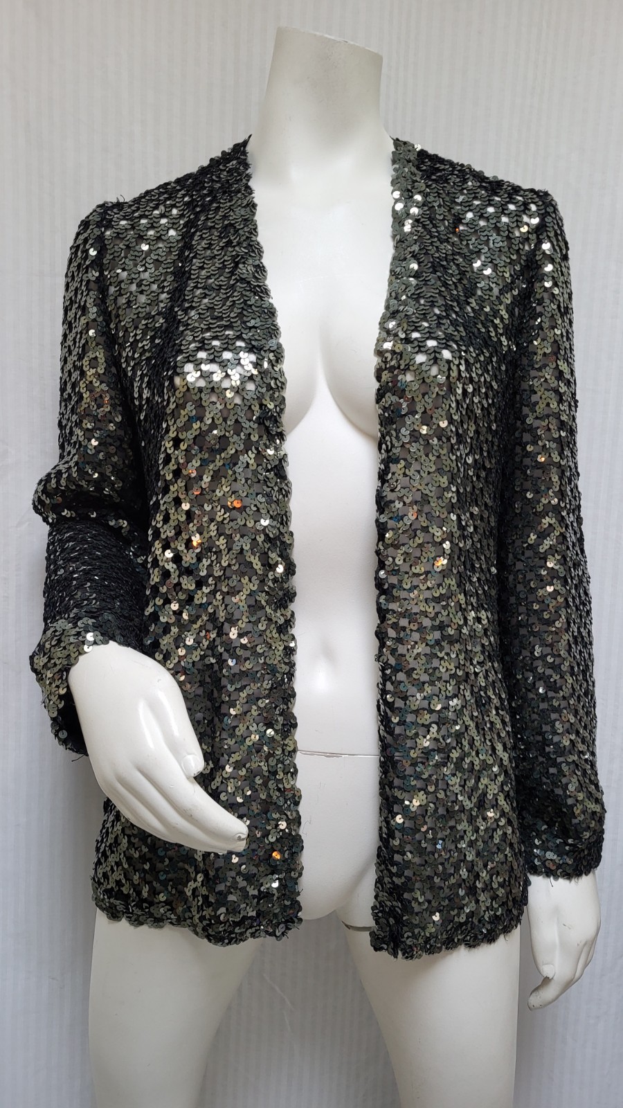 Vintage THREE FLAGGS California Black & Silver Sequined Cardigan Jacket – Size M