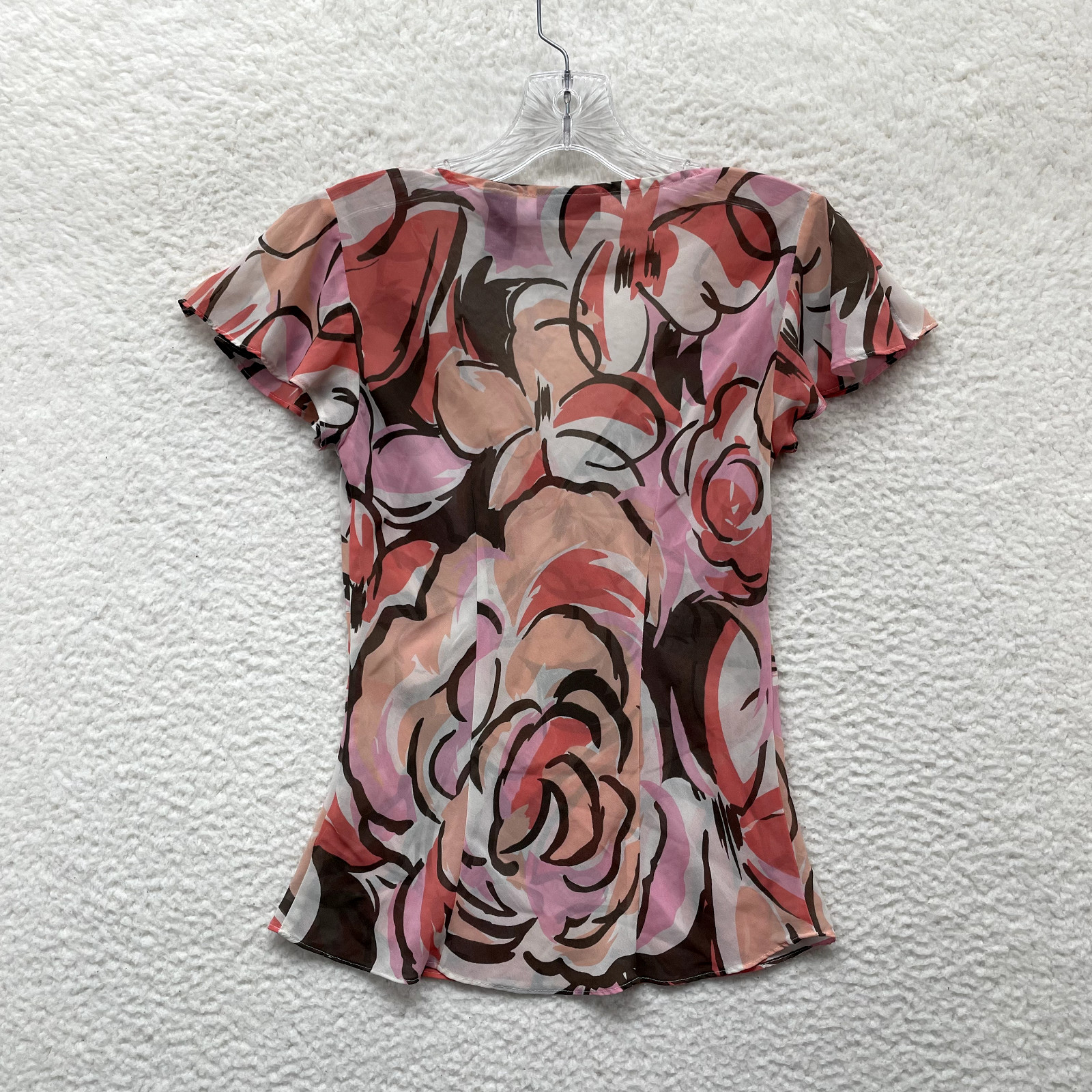 Y2K Vintage Mesh Top XS Pink Abstract Floral Pattern Corpcore Office Chiffon