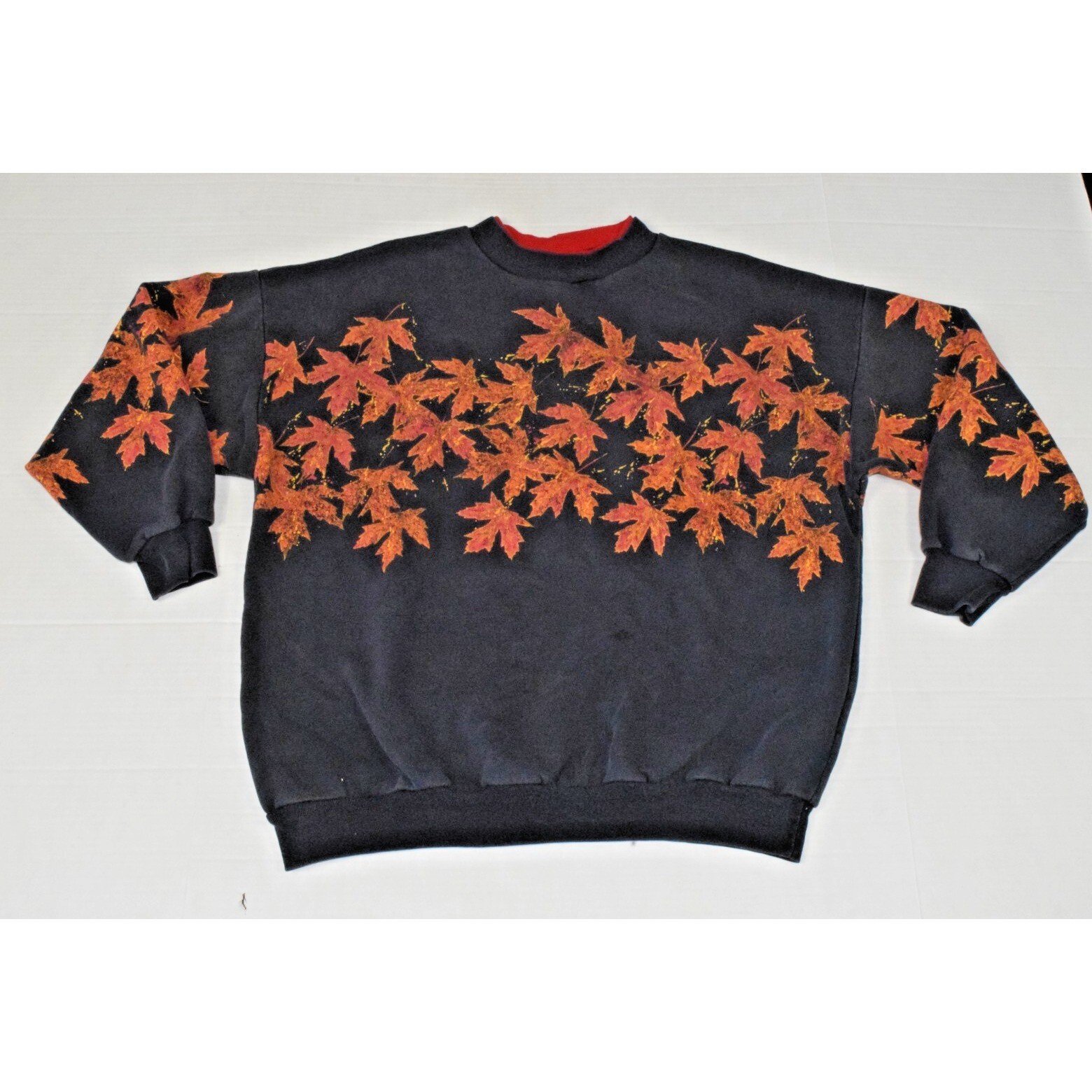 Vintage Sweatshirt All Over Orange Autumn Leaves Size L 80s Artisans Made USA