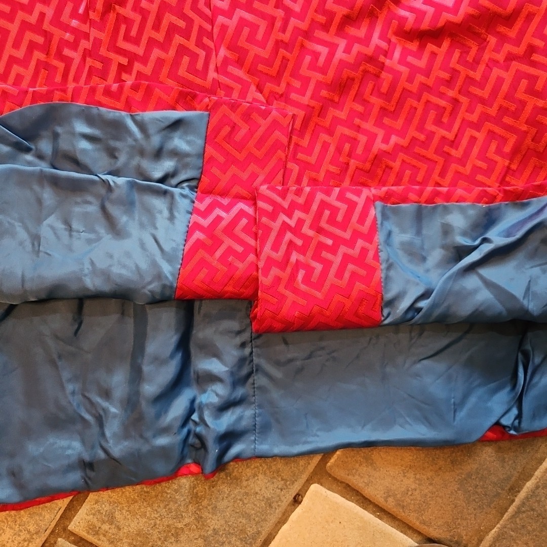 Vtg 40s/50s Dynasty Red/Pink Greek Key Blue Asian Robe Slit Sides Silk/Rayon S/M