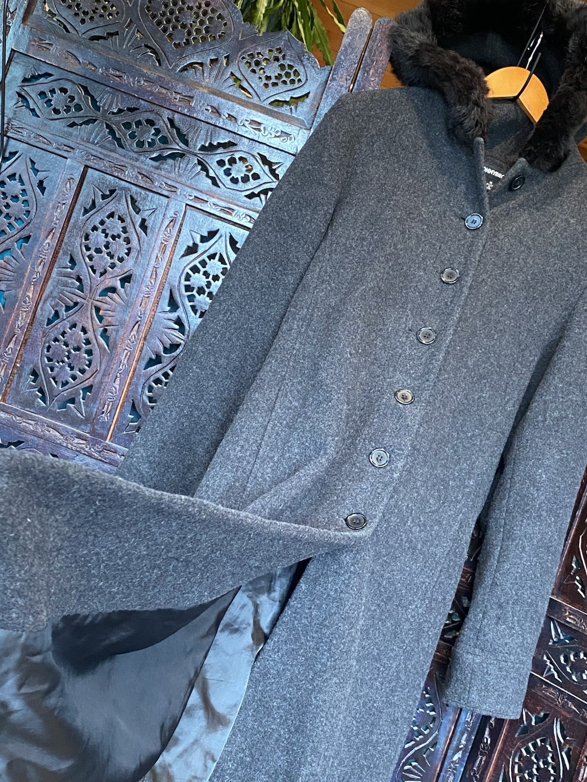 VTG Donnybrook 100% Wool Gray Maxi Coat Womens M Hooded Real Fur Opera