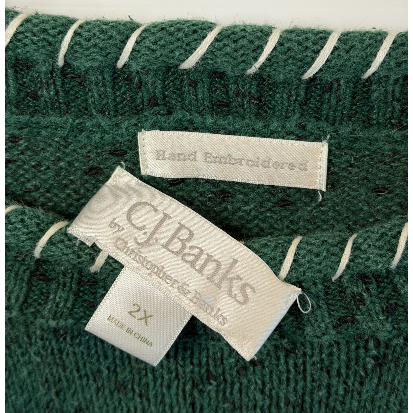 VTG CJ Banks Sweater Green Santa Hand Embroidery Holiday Ugly Christmas Women 2X