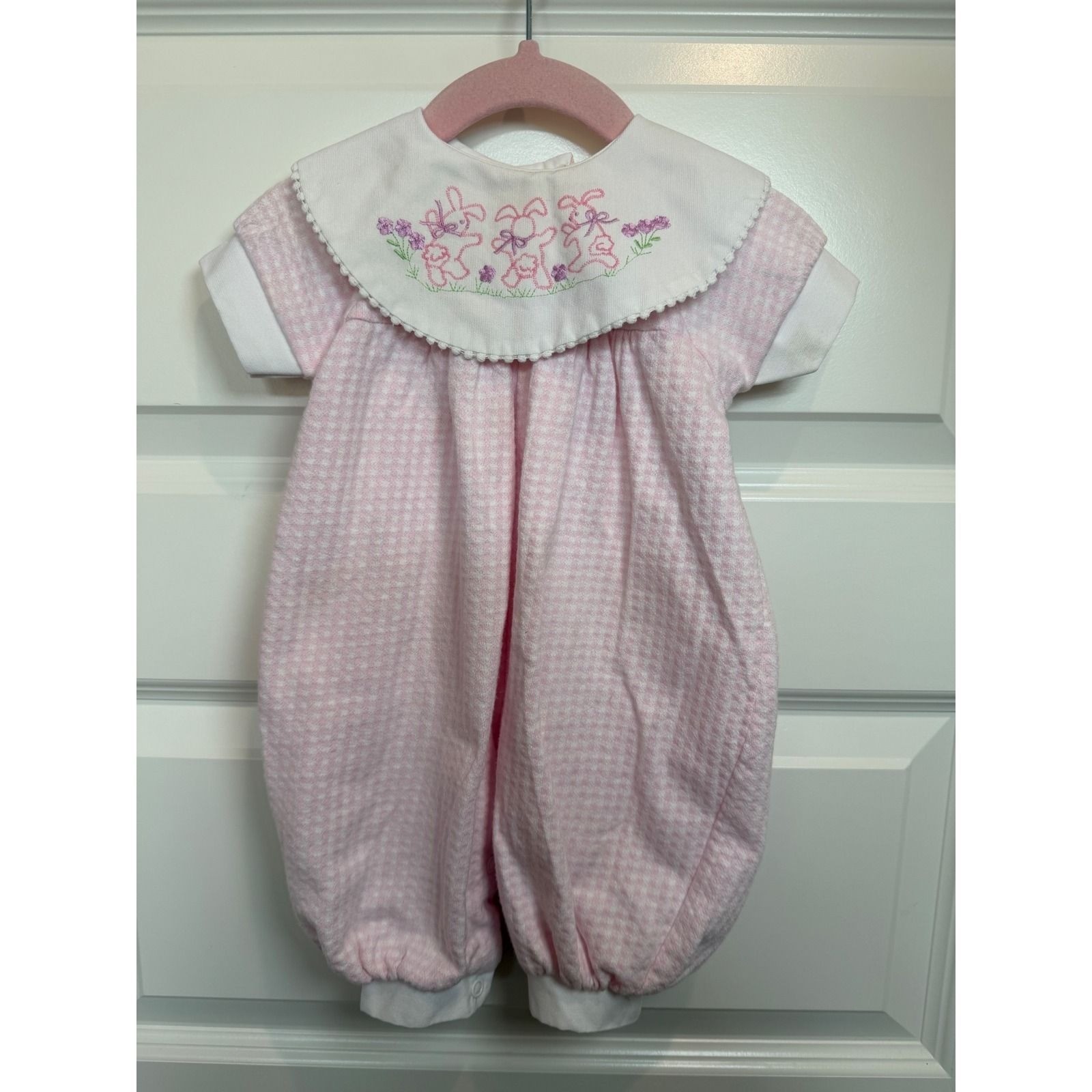 31. Vintage Joli Collection Pink Gingham Bunny Embroidered Bubble Romper 3/6M