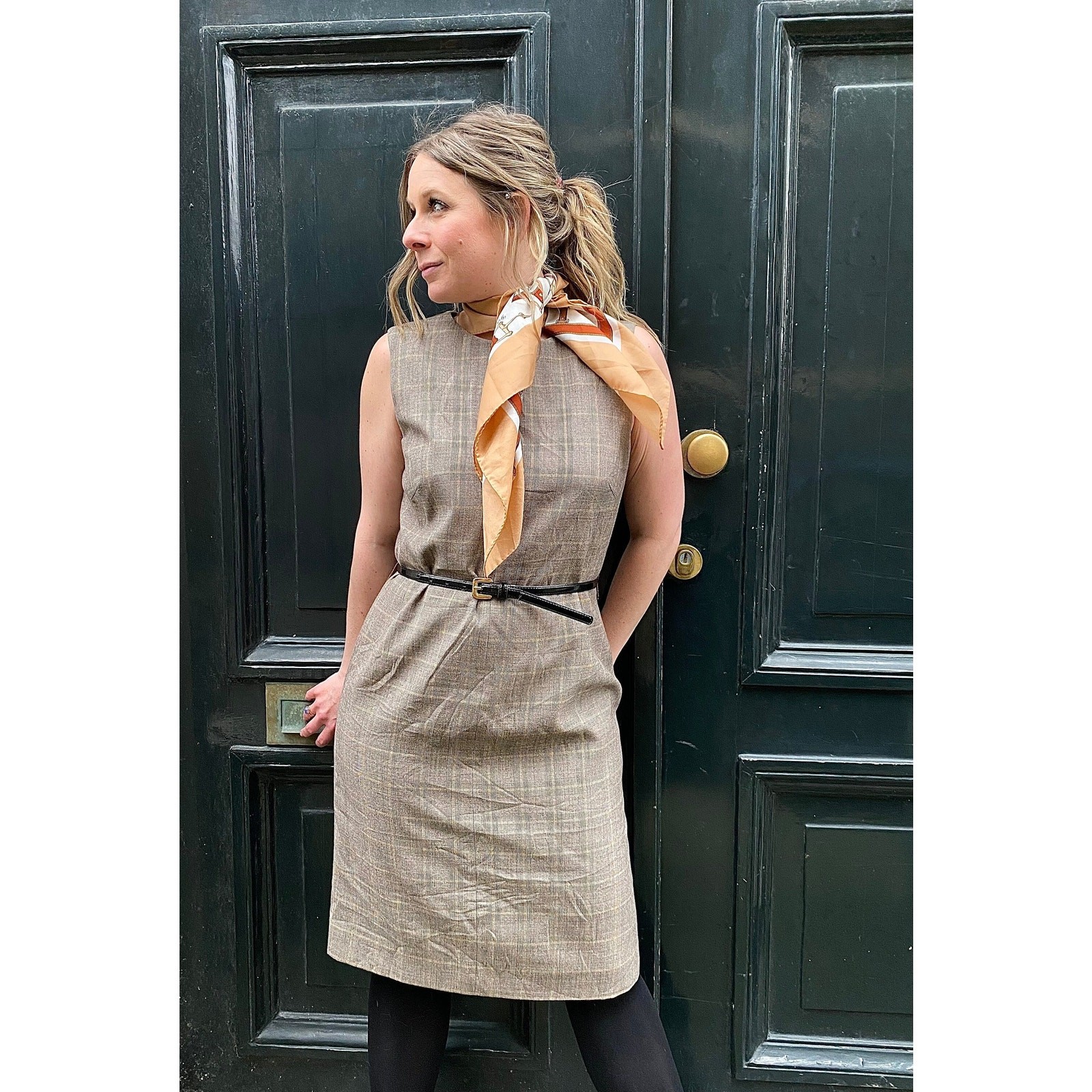 Vintage Salvatore Ferragamo shift dress, sleeveless with checks pattern, size 10