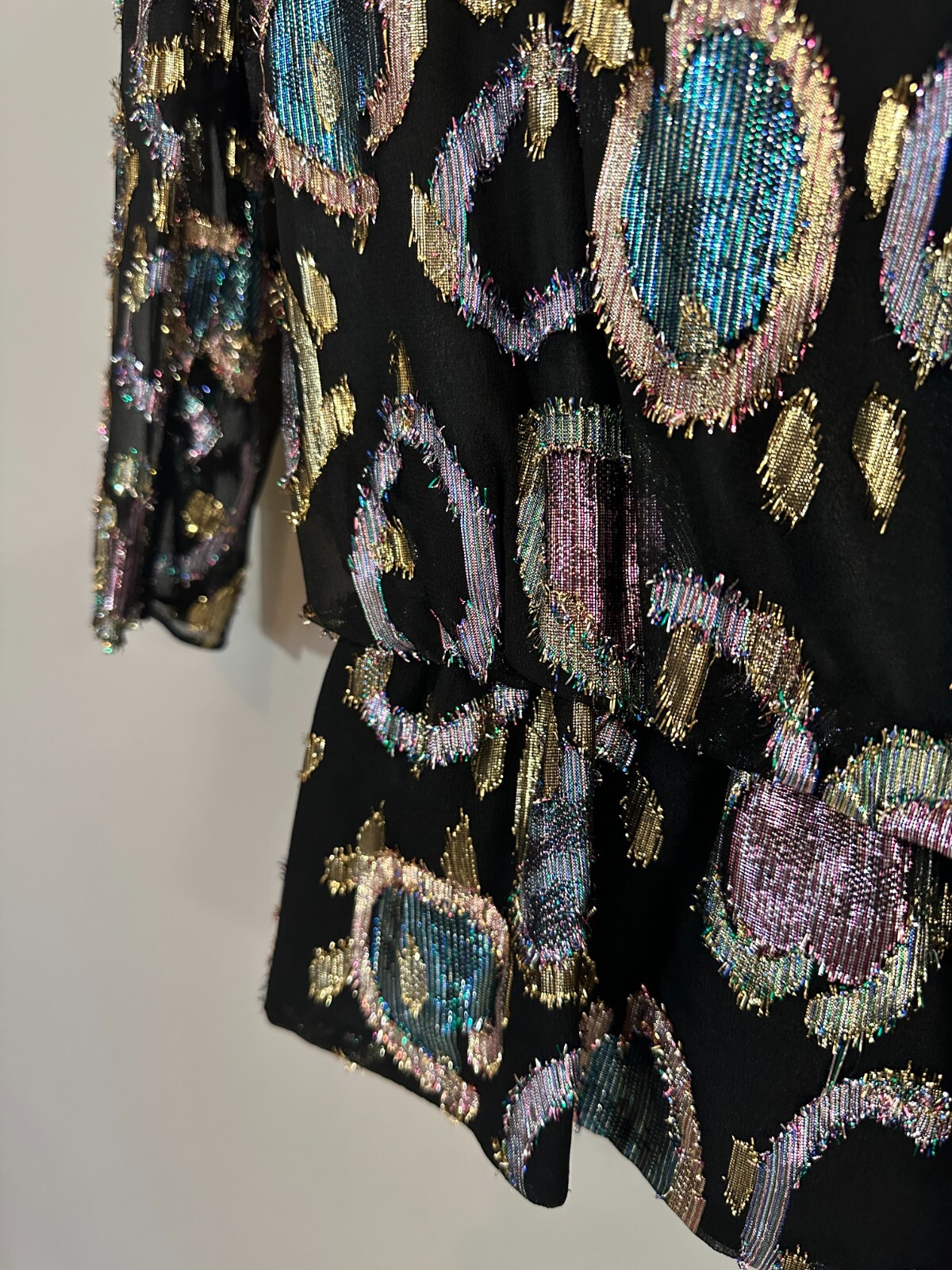 Vintage Simon Sez Women Blouse Med 9/10 Metallic Peplum 80s Glam Shimmer Top USA