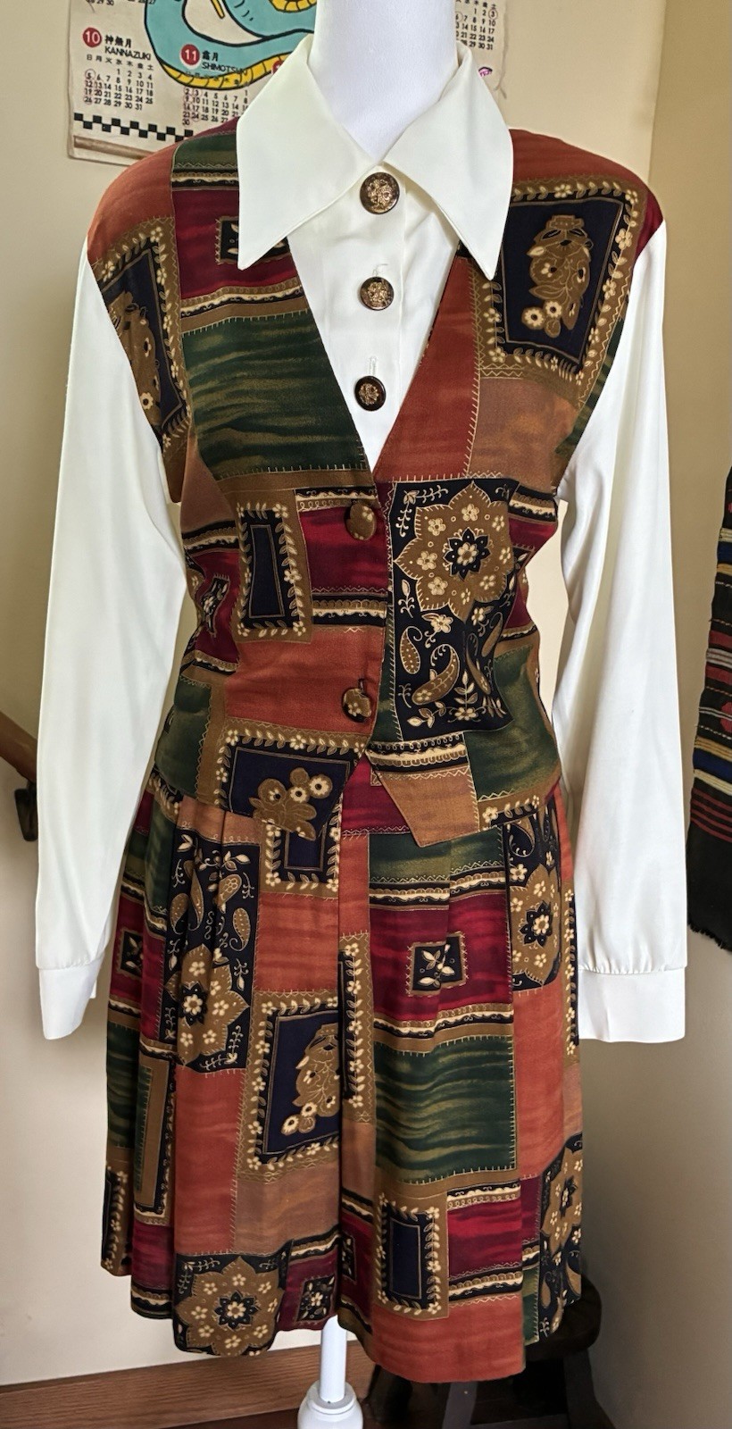 Vintage 90s Hot Stuff Attached Vest Shirt Culottes Shorts Suit Set Patchwork M