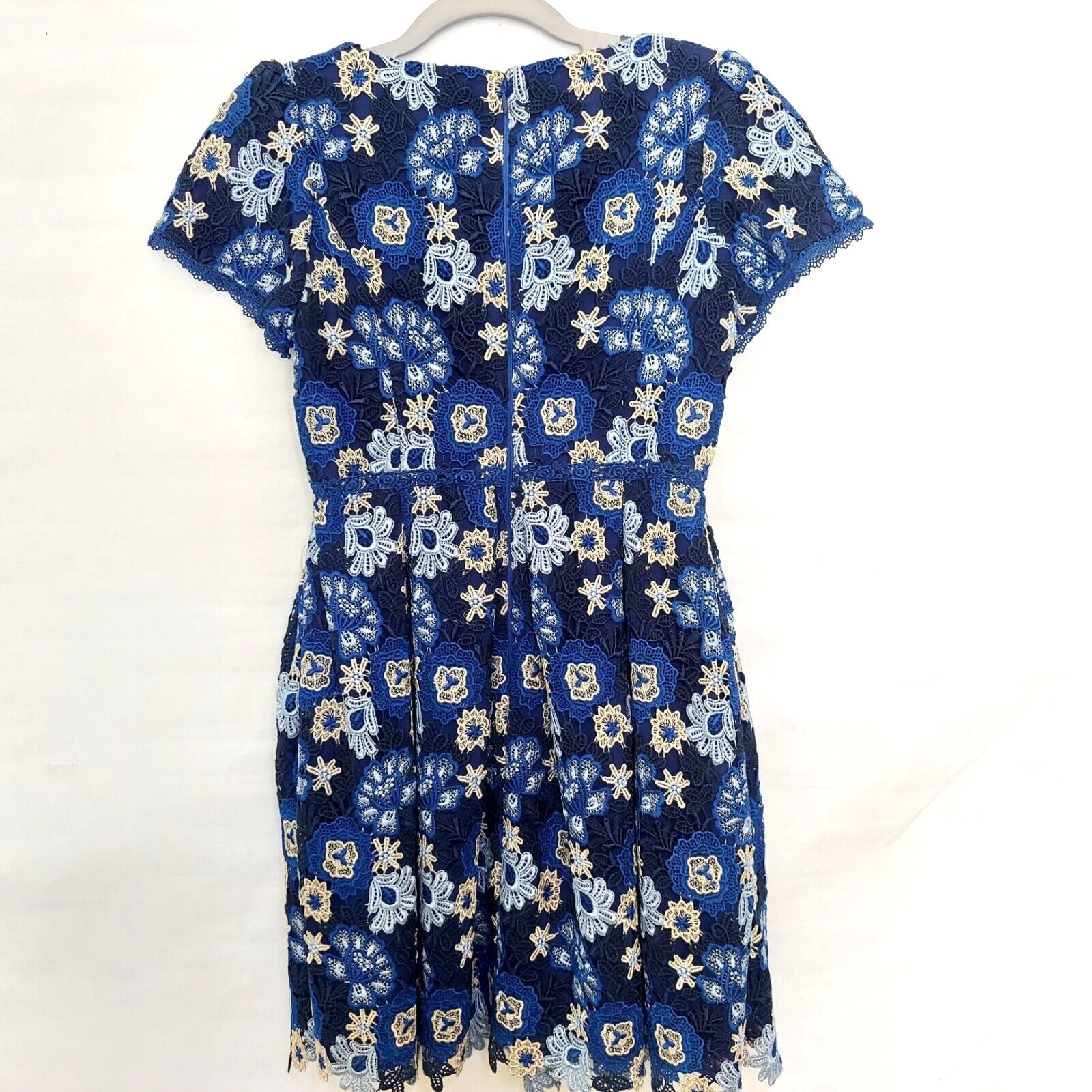 Dolly Girl by Anna Sui Dress 2 Blue Retro Floral Embroidery Guipure Short Sleeve