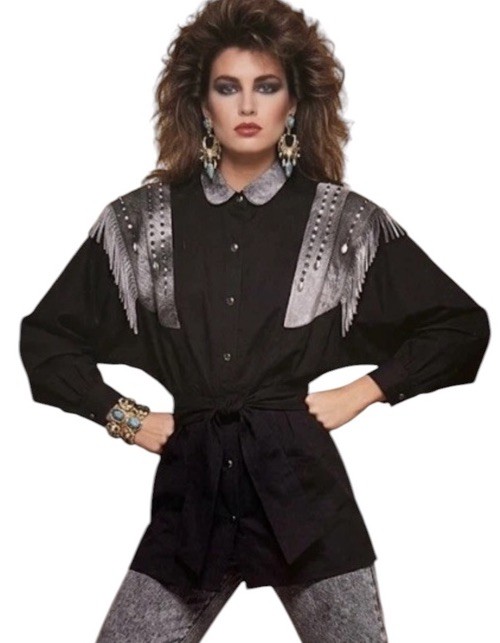 Vtg 80’s Fini Lignarolo Cache Western Fringe Rhinestone Top Shirt 12 Medium
