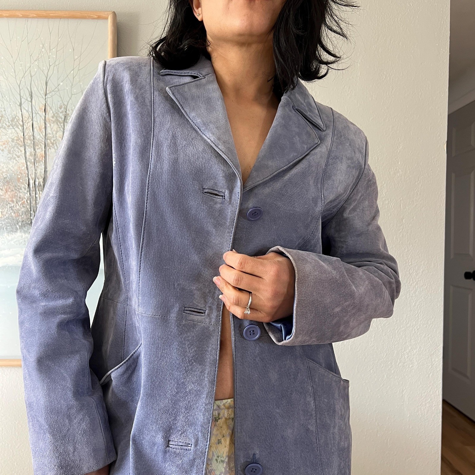 Vintage 1990s Lavender Suede Jacket Minimalist Leather Blazer Lage