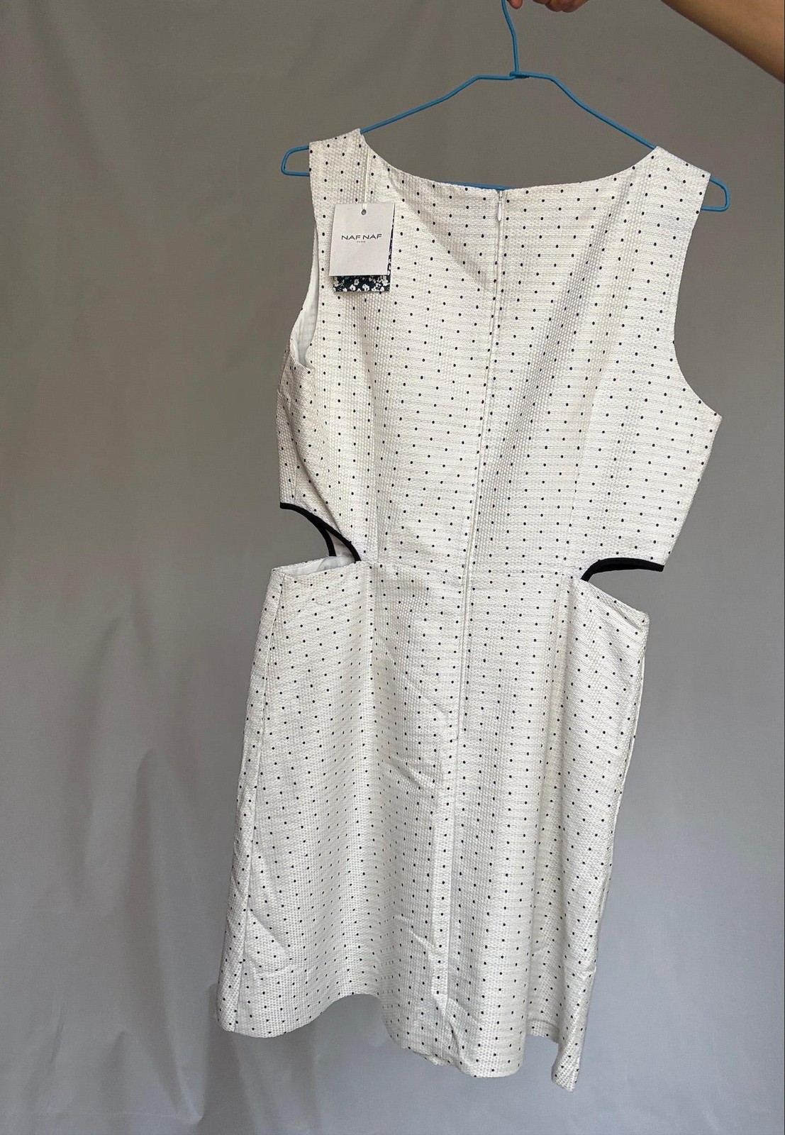 Cotton mini dress with side cutouts, Size US M, White outfit with navy dots