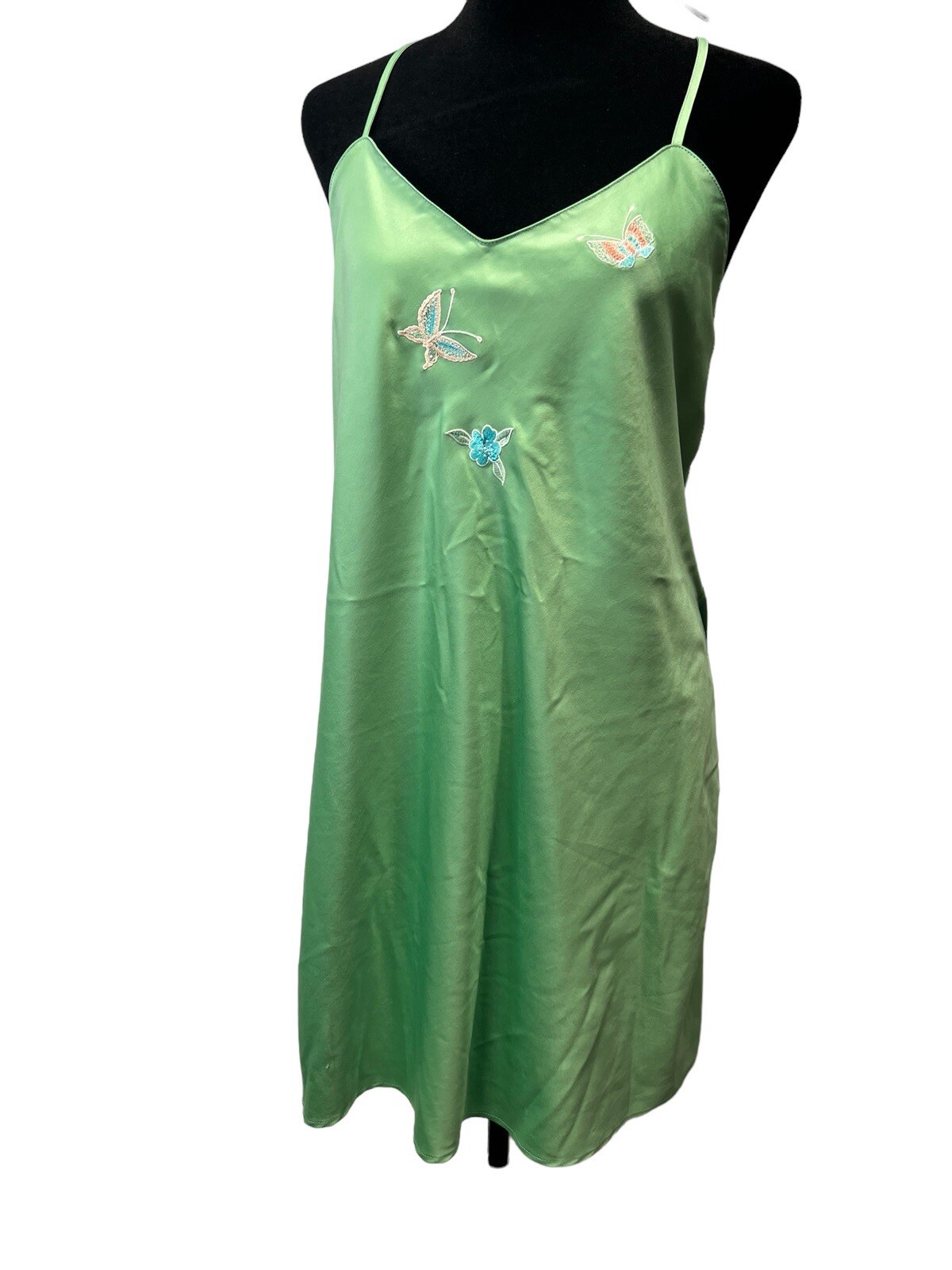 Nap Essentials Vintage Satin 90s Green Slip Dress Embroidered Butterflies Large