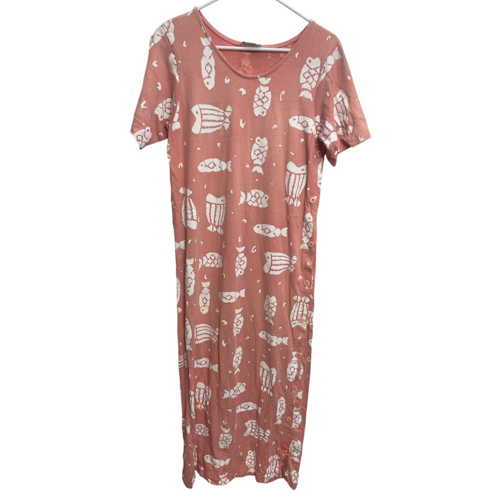 Vintage 90s Fish Print Maxi Dress Pink Coastal Beachy Vacation Resort Wear Small