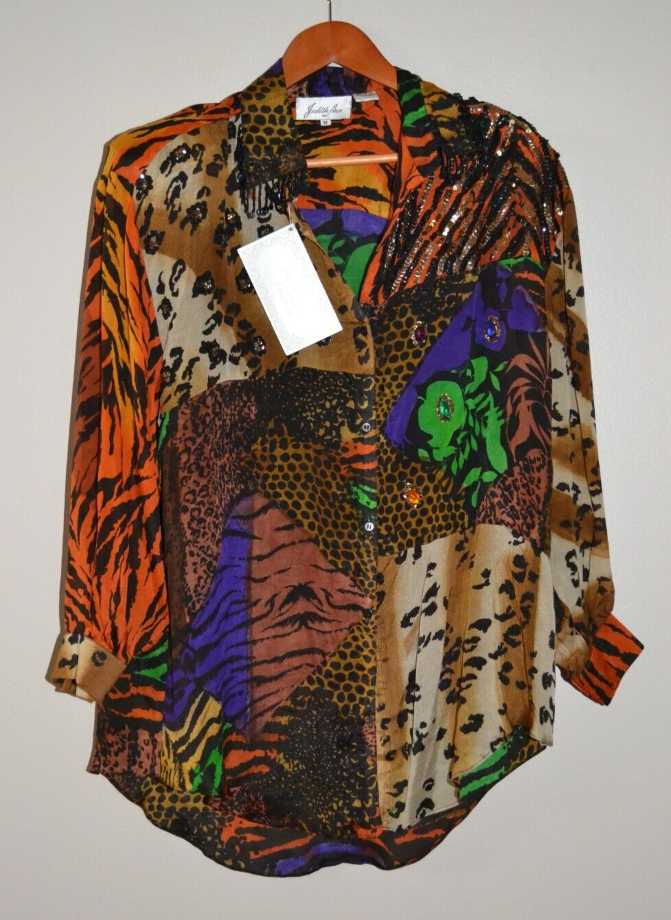 Judith Ann Rare Vintage Silk Button Down NWT – Sequin Embellished Hi-Lo Blouse M