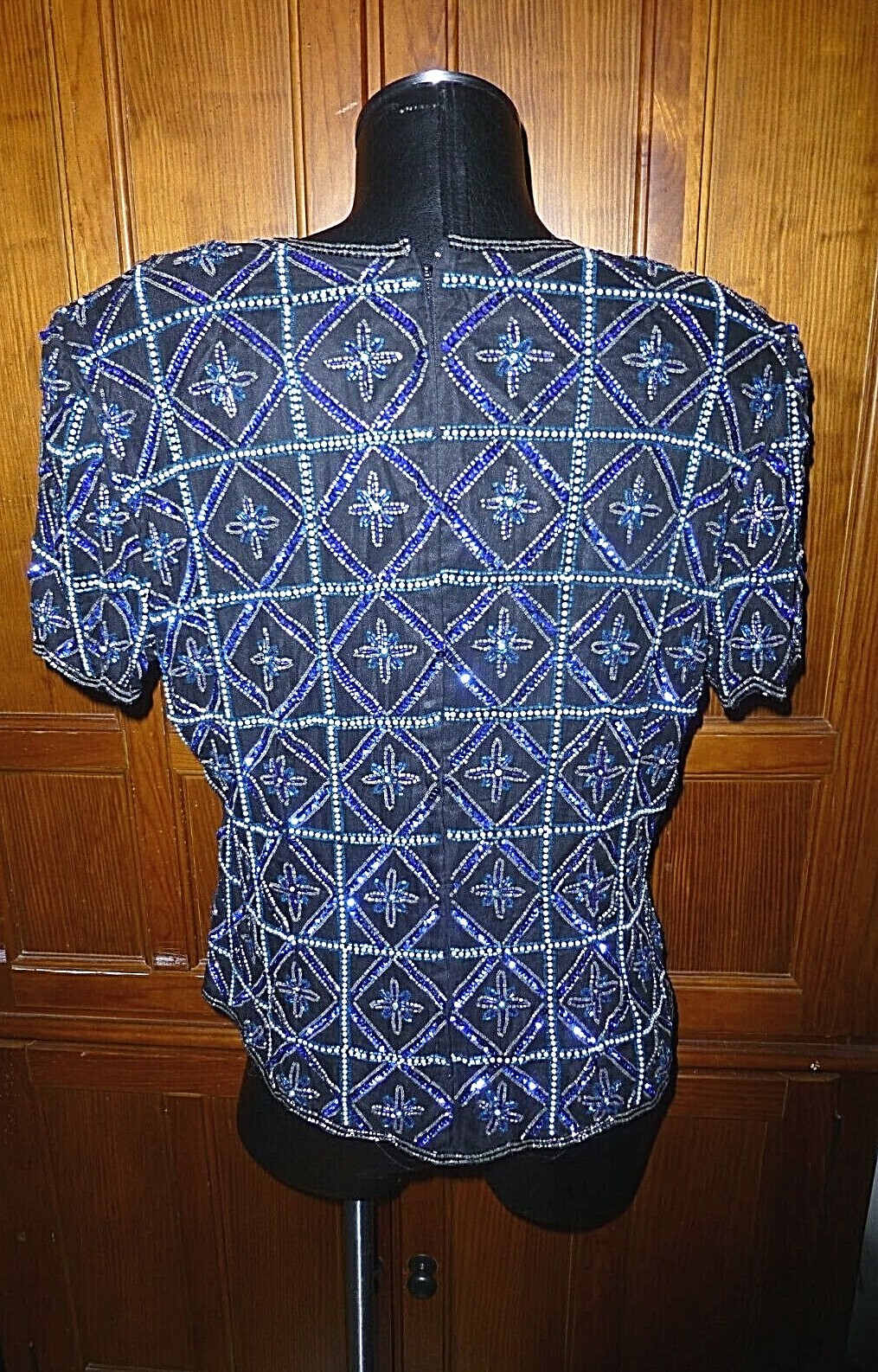 Vtg Royal Blue SEQUIN Beads Pearl Embroidered SILK Evening Party Top Blouse PL