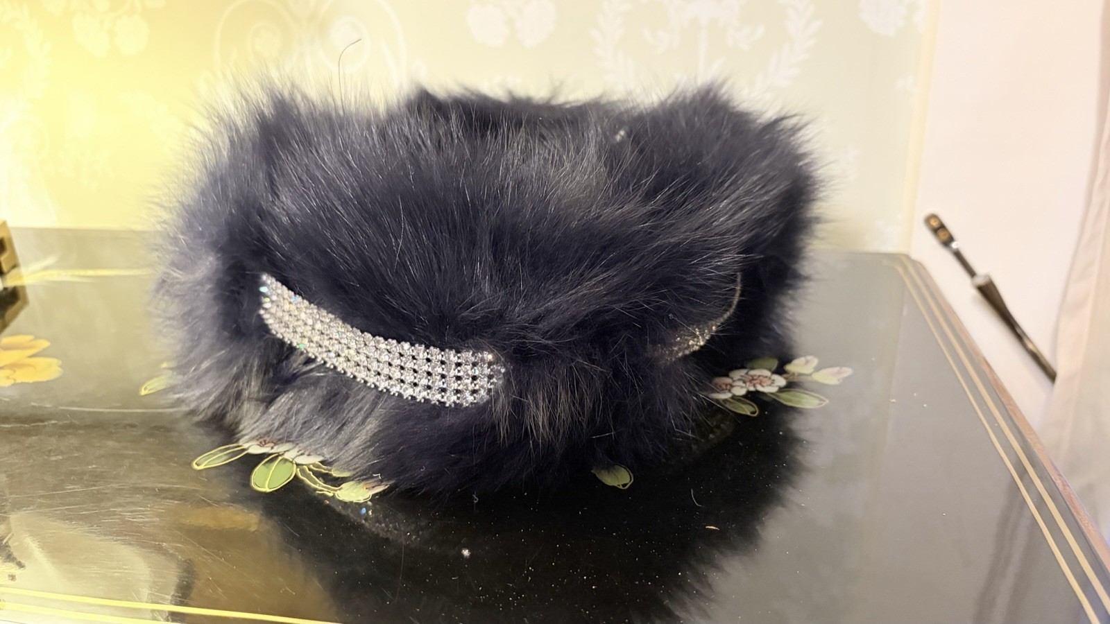 LIORAH Real DARK BLUE Fox fur headband hat, lined 23″ rhinestone band