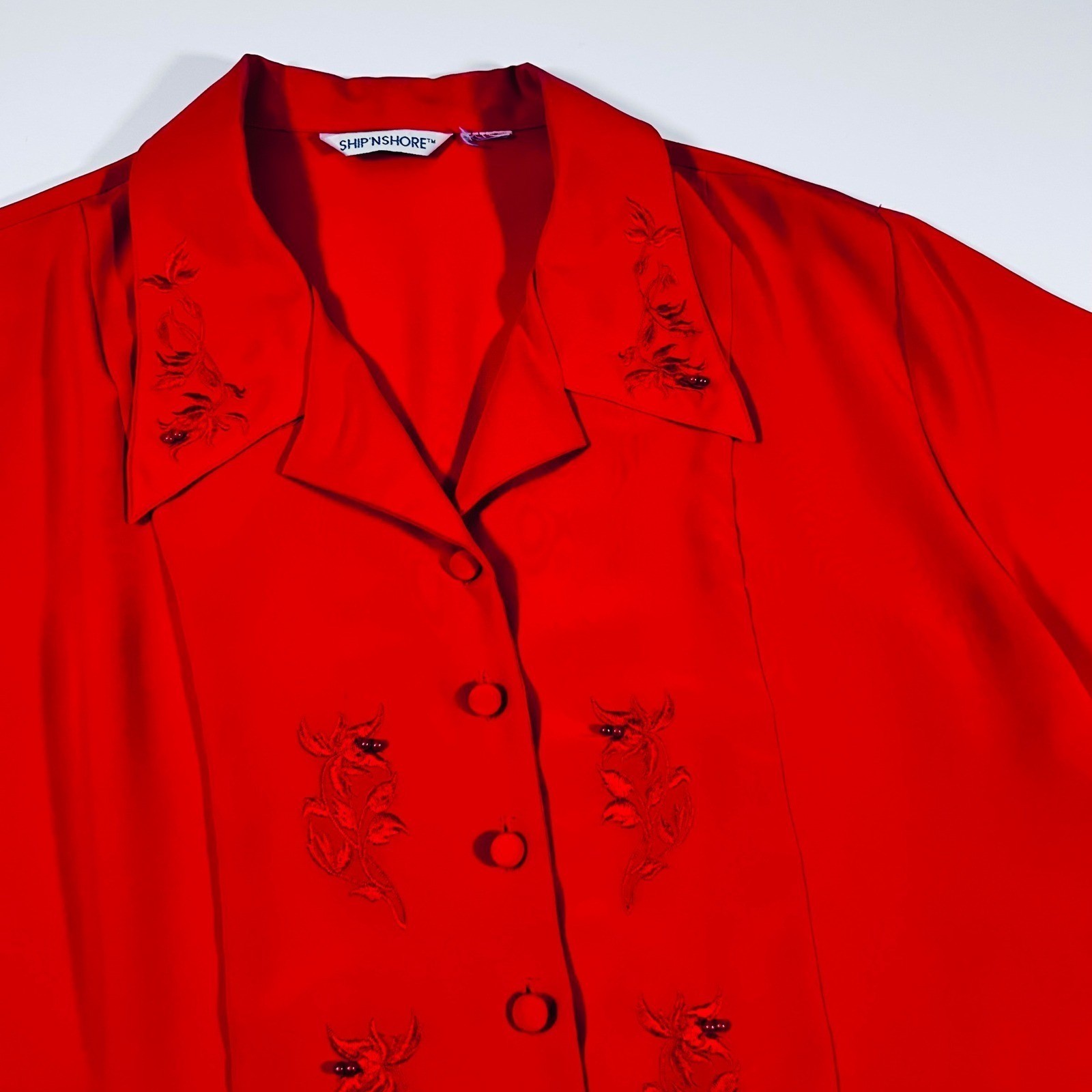 Vintage Ship N Shore Red Floral Embroidered Beaded Button Down Blouse