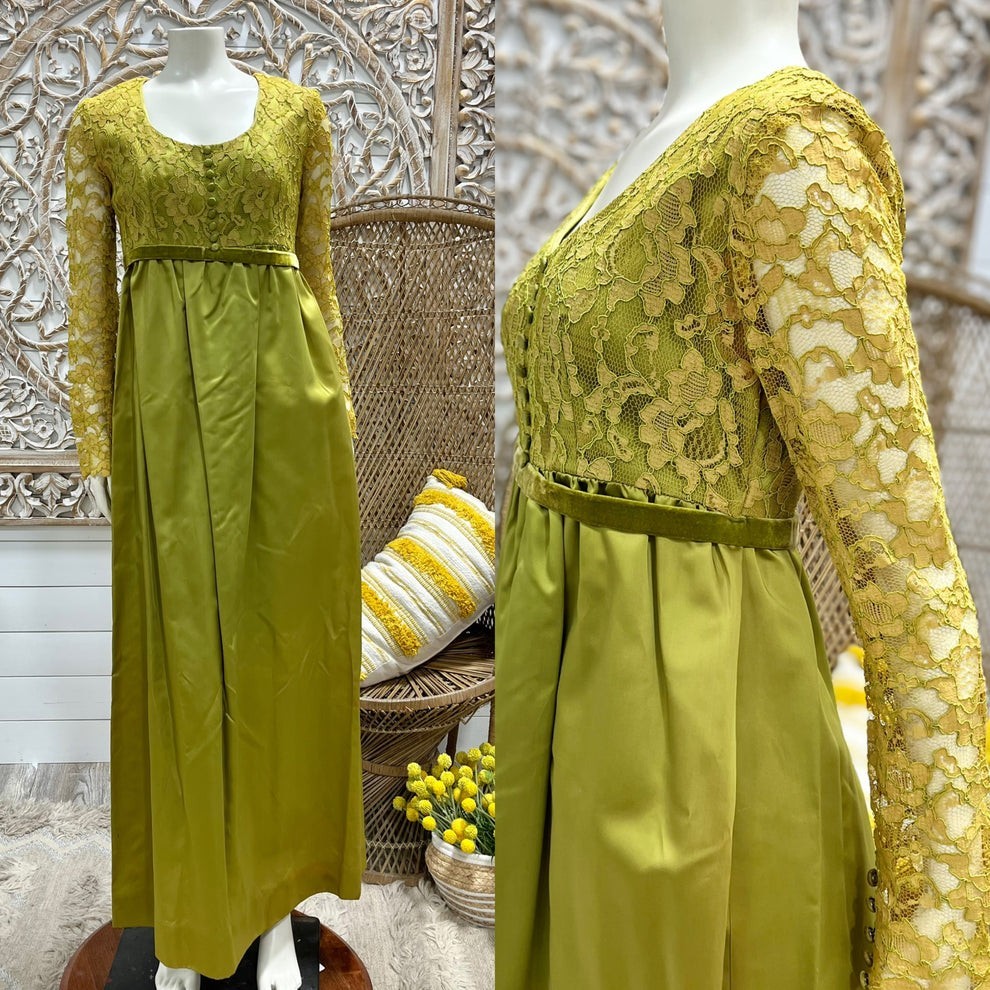 60s Mod Chartreuse Green Lace Elegant Evening Dress