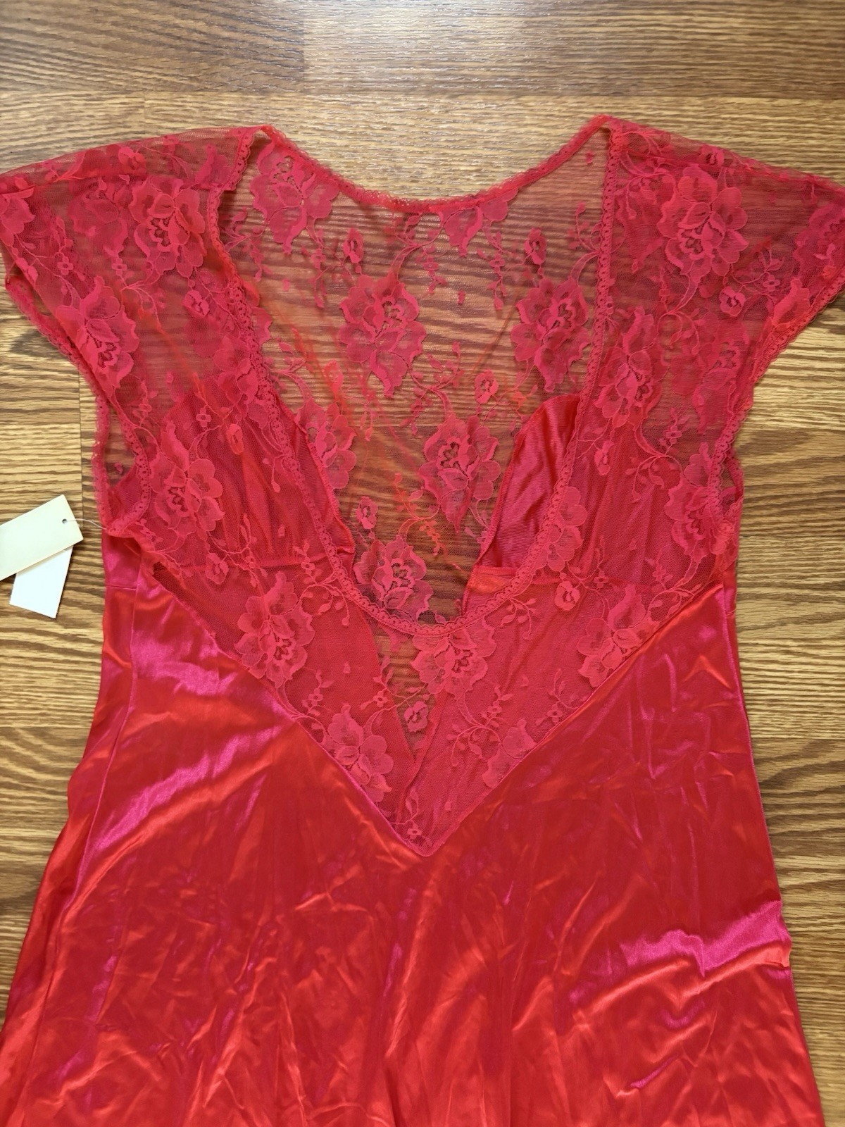 vintage kayser Lace Long nightgown Red With Slit Large Never Worn!