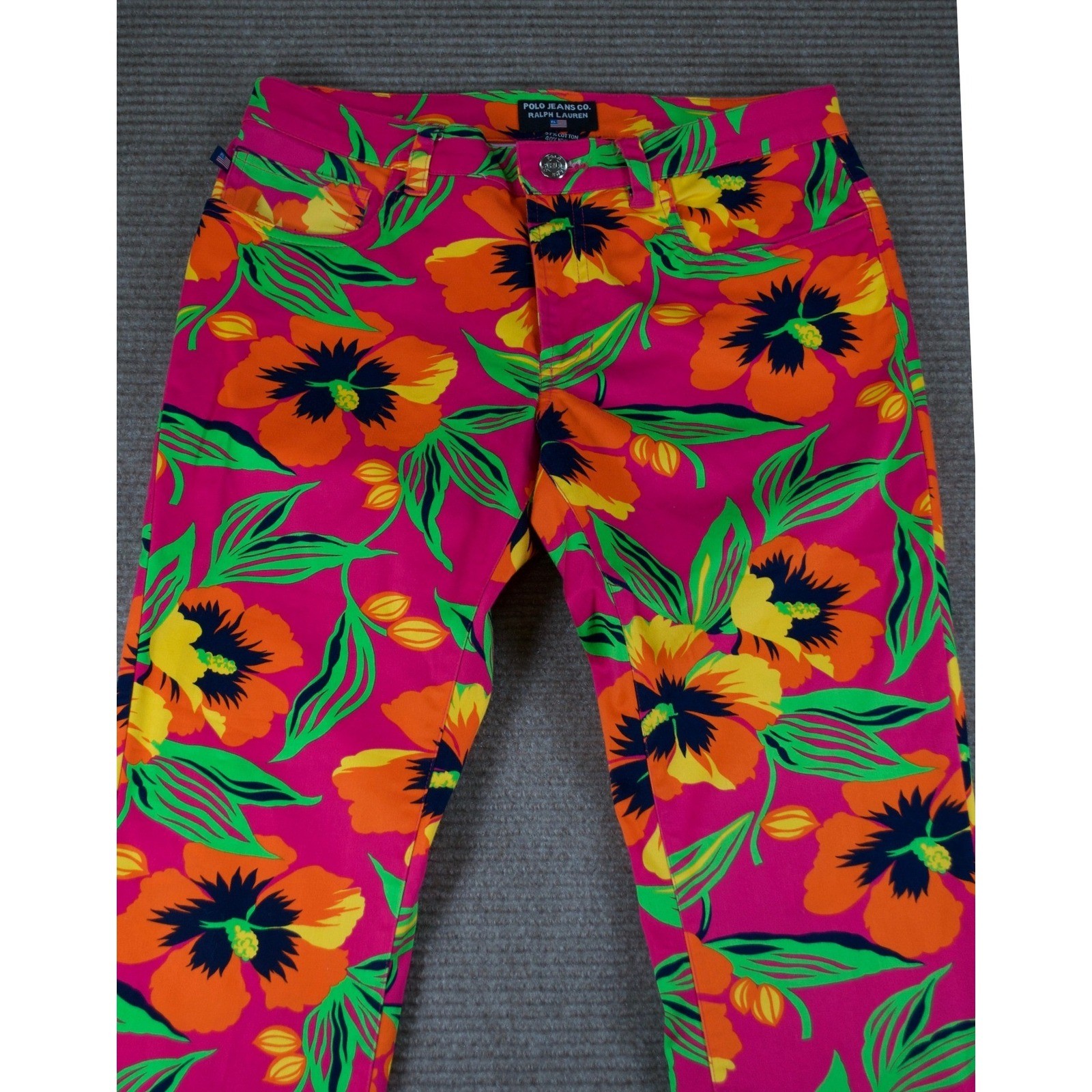 Vintage Polo Jeans Ralph Lauren Pink Hawaiian Hibiscus Floral Capri Pants Size 4