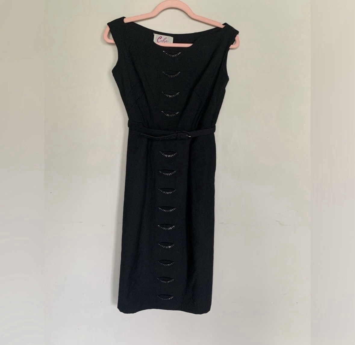 Vintage Carlye Mid-Century Black Belted Wool Beaded Bateau Neckline Midi Dress