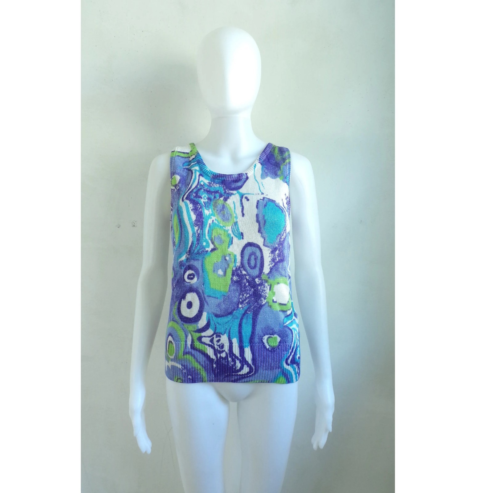 Vintage Psychedelic Print Top Size Medium 90s Knit Rayon Cotton Sleeveless Shirt