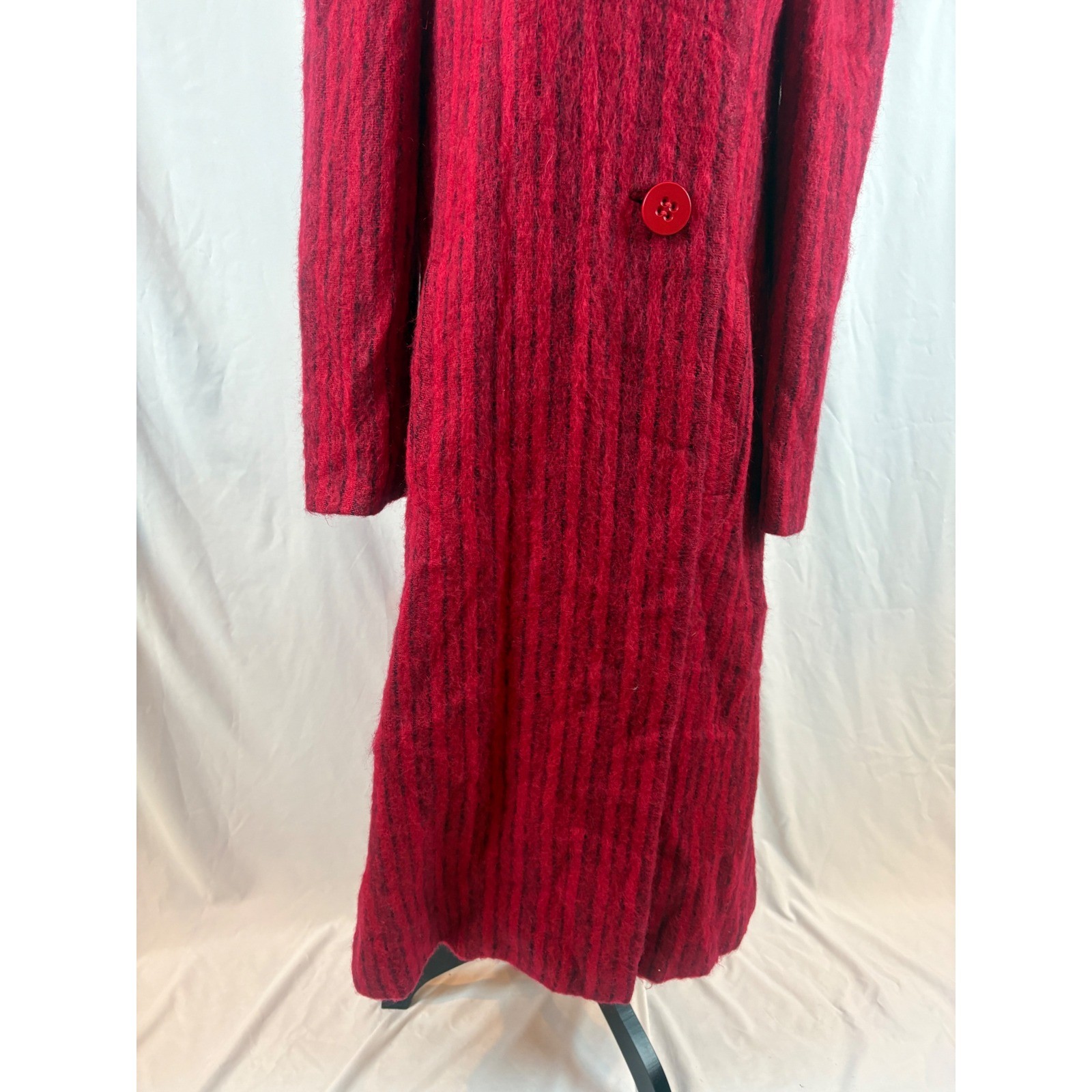 Vintage Pauline Trigere Red Black Stripe Mohair Wool Maxi Coat Scarf Collar 10