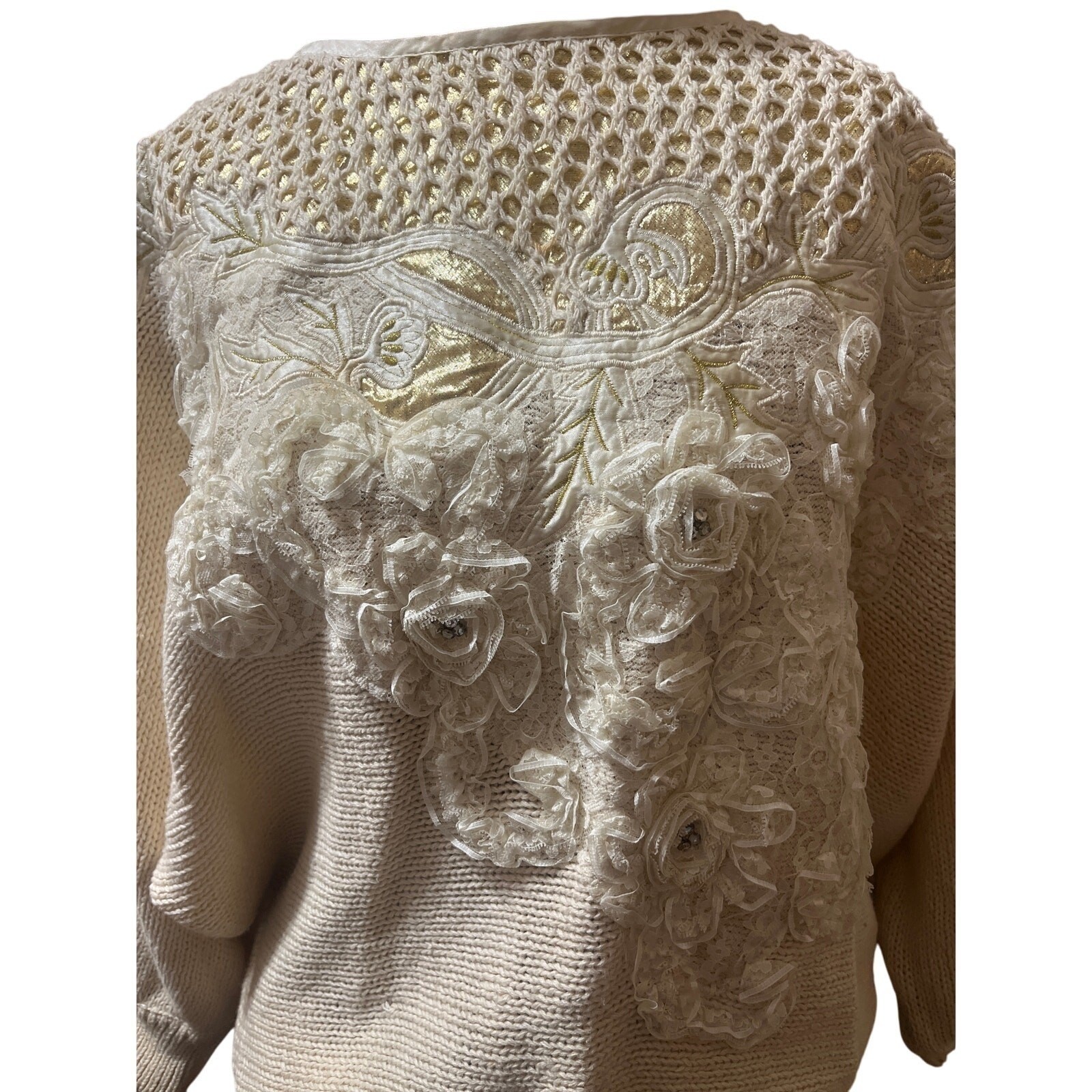 Bonnie Boerer L VTG 80s Cream Gold 3D Floral Roses Lace Appliqué Knit Sweater