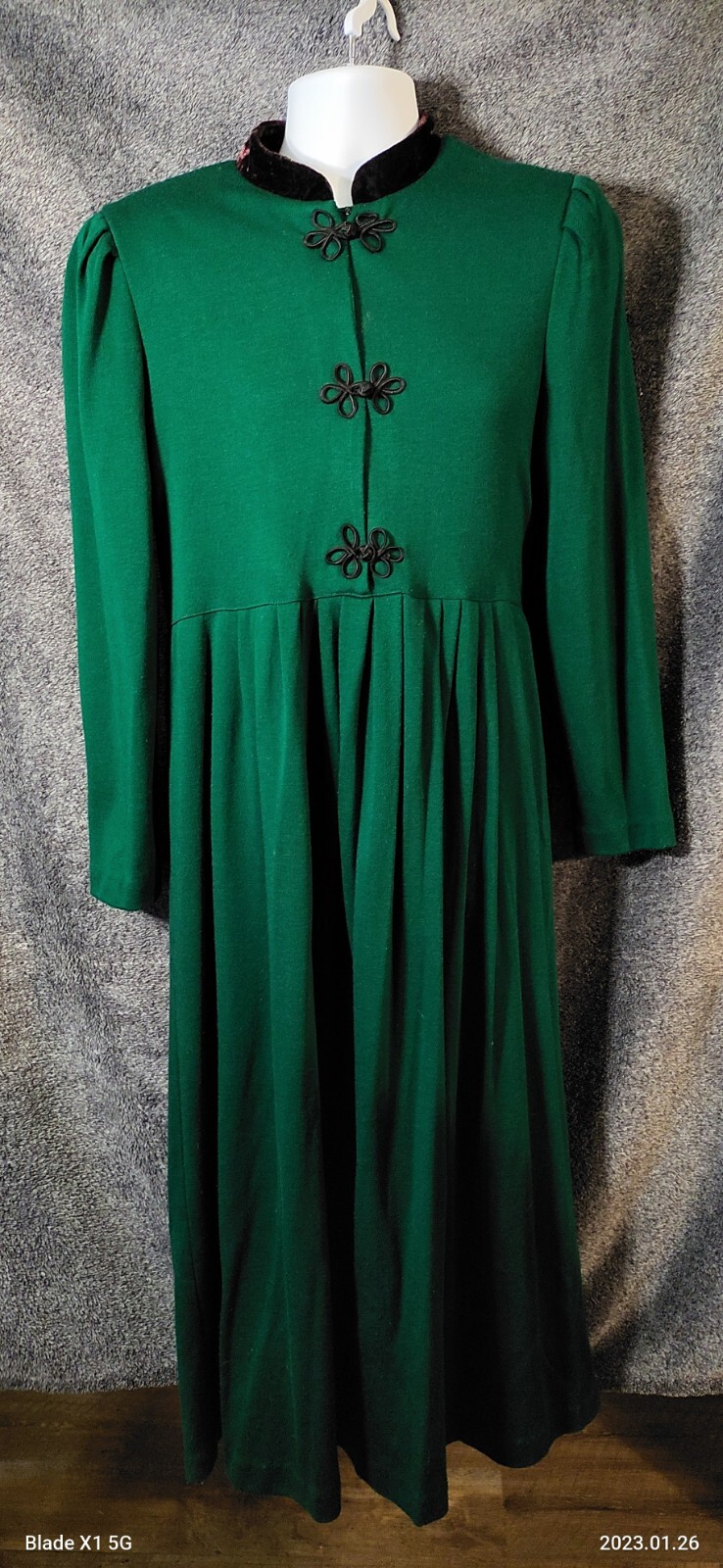 VTG Y2k Phoebe USA Sz 12 Green Puff Sleeve Velvet Collar Edwardian Modest Dress