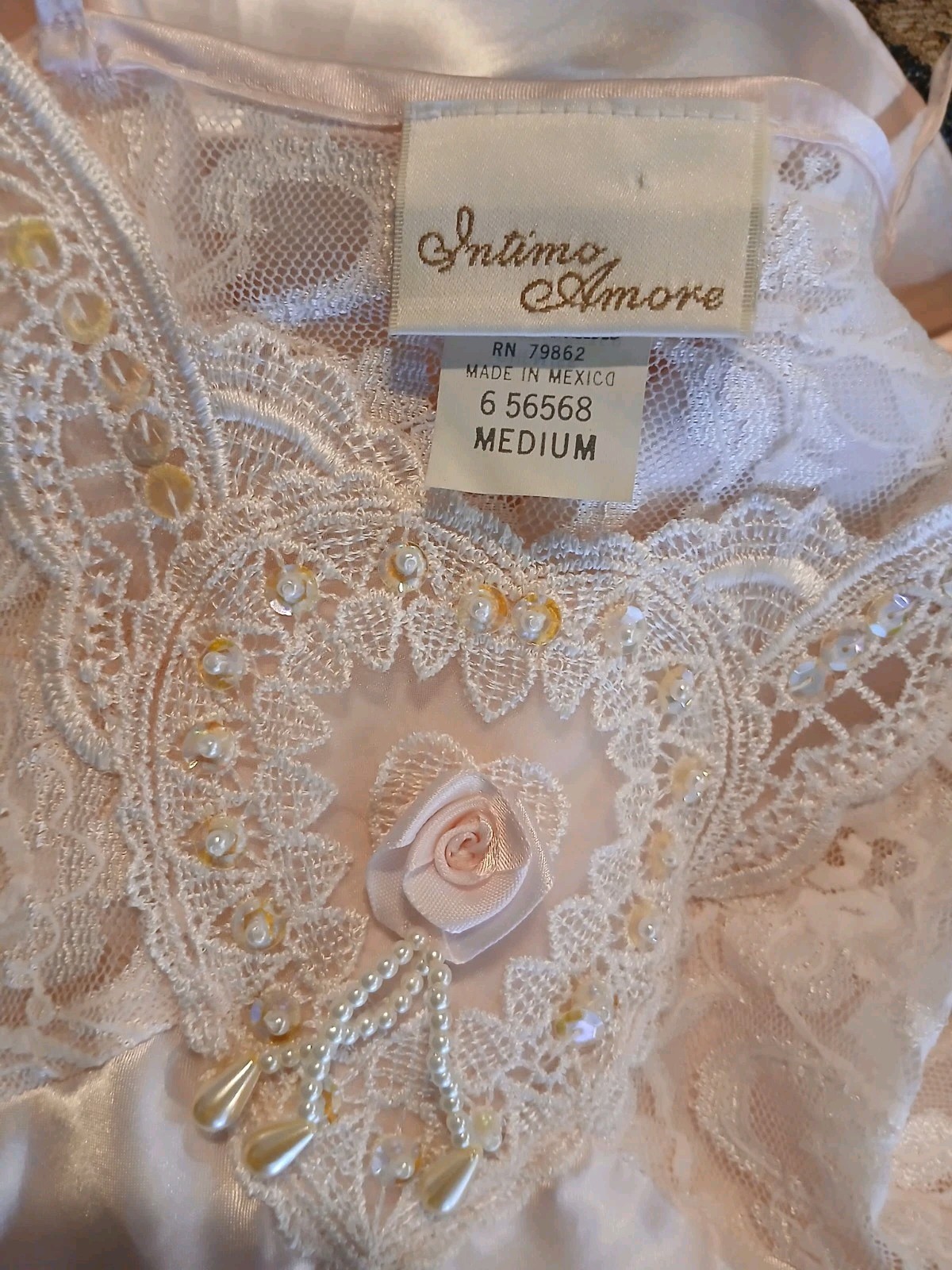 Vintage Pink Liquid Satin Heart Lace Sequins Pearl Rose Nighty Lingerie M EUC