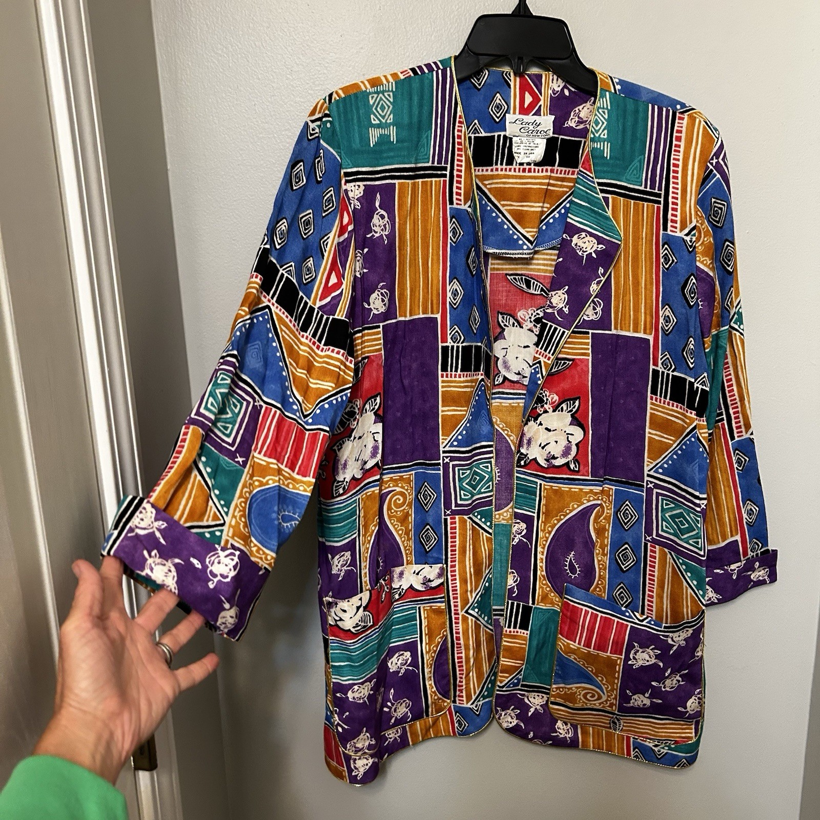 VINTAGE LADY CAROL OF NEW YORK OPEN FRONT Jacket Blazer Multicolored Abstract 10