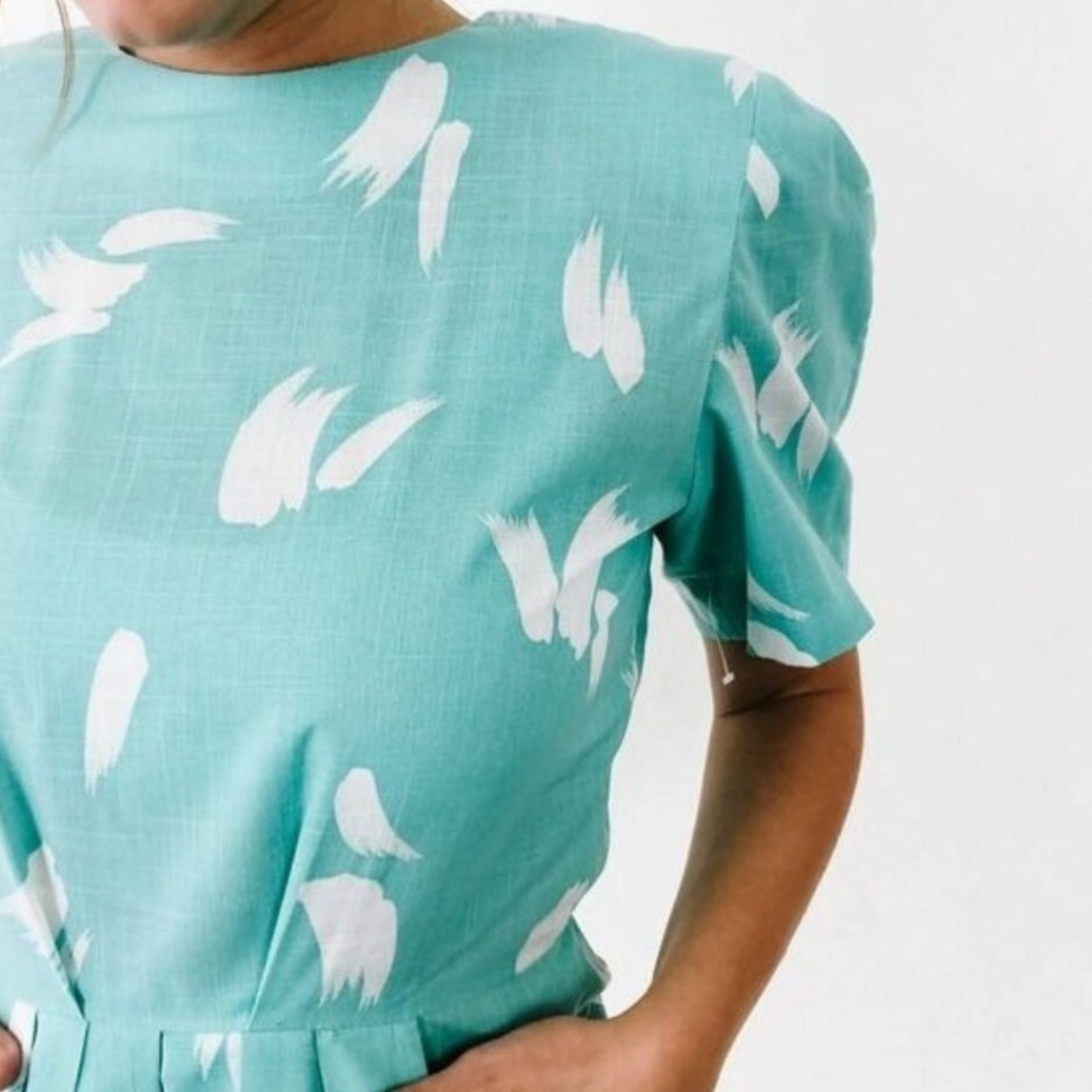 Vintage Turquoise Abstract Print Pleated Tulip Midi Dress with Pockets Teal Blue