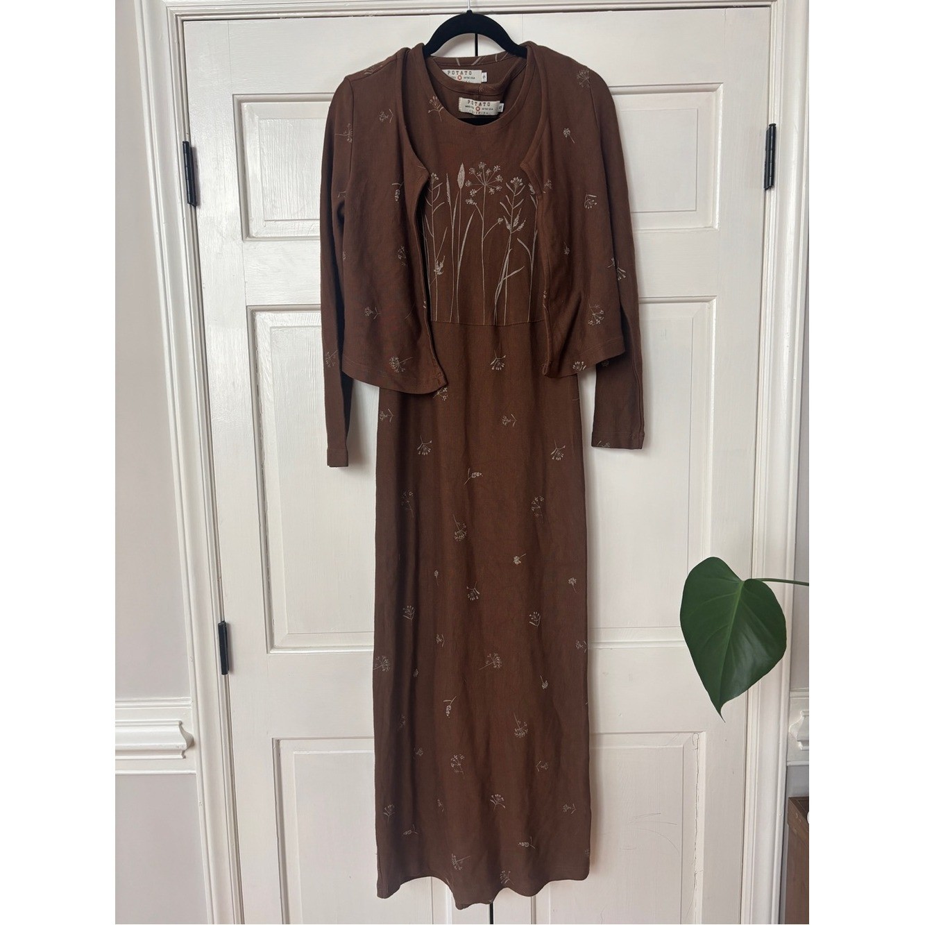 Vintage Potato Clothing Brown Maxi Dress Matchin Cardigan Cottagecore Size Small