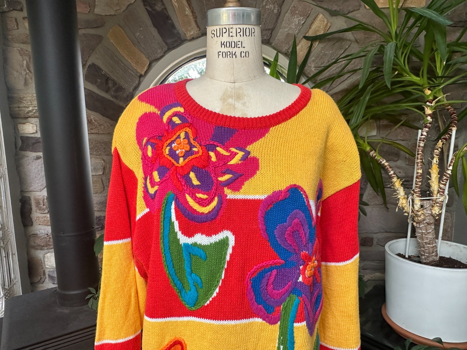 Vintage 1980s I B Diffusion Color Block Embroidered Ramie and Cotton Sweater