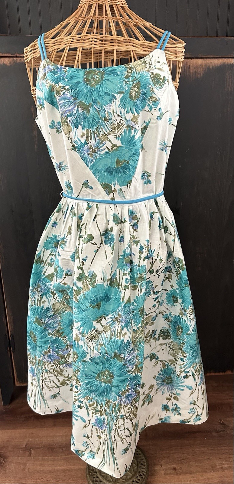NEVER WORN Vintage TURQUOISE FLORAL DRESS Mid Century 1950s Fitted Flared Dress