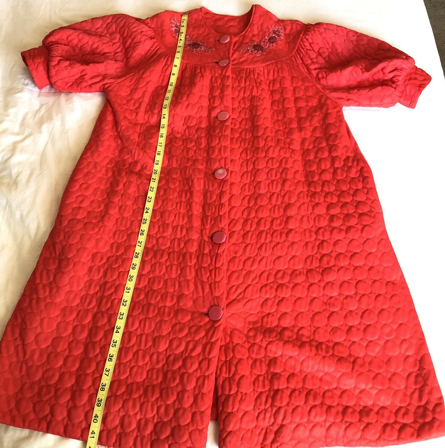 50’s 60’s Vintage Quilted House Dress Robe Red Pockets Applique No Label