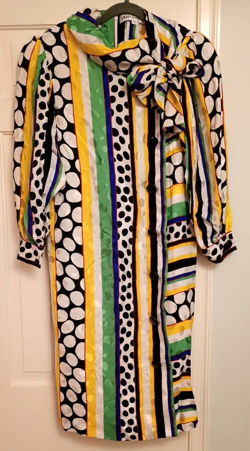 Vtg ADELE SIMPSON Silk GROOVY Striped Dots Neck Tie Dress green black yellow 6