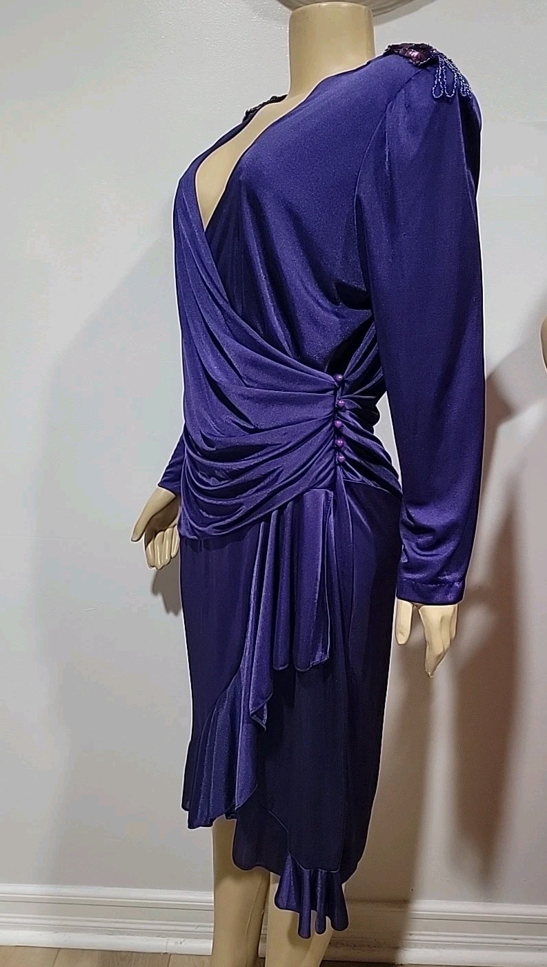 David Rose Vintage 14 Purple Wrap Ruffled Embellished Shoulder Women’s Dress #CC