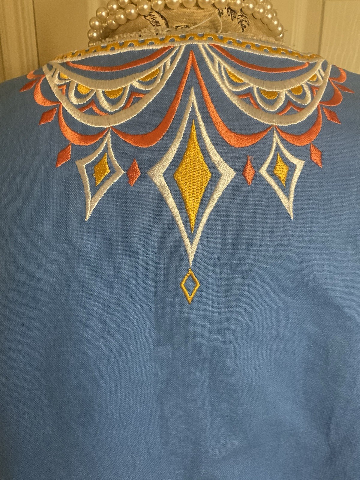 Vintage Bob Mackie Wearable Art Linen Rayon Denim Embroidered Tribal Top S