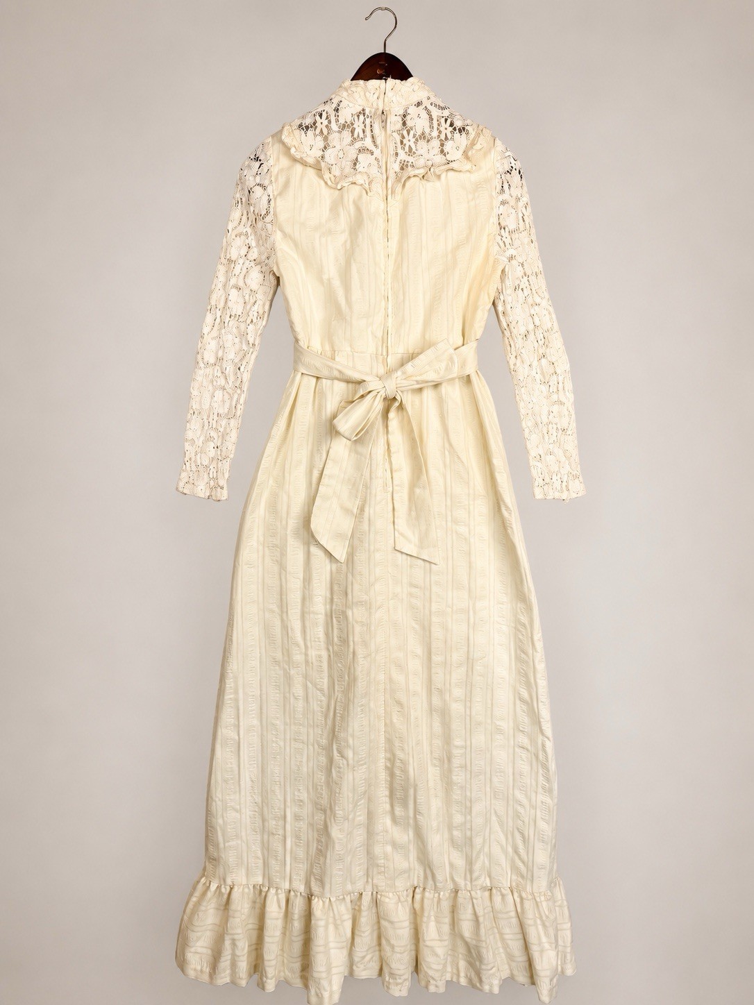 Vintage 70s Prairie Maxi Dress Cream Lace Edwardian Revival Embroidered Rose XS