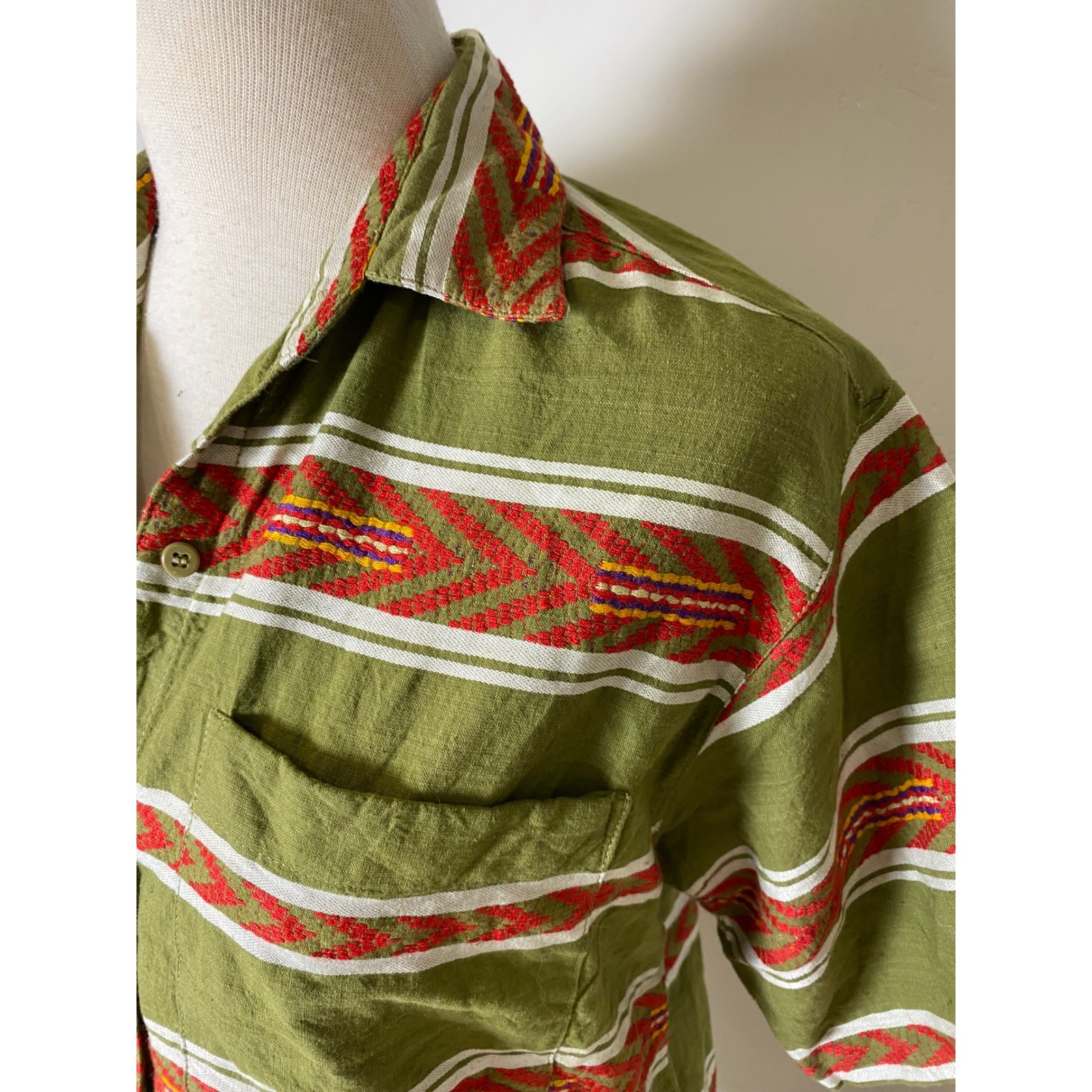 Vintage 1989 Angelique Olive Green Southwestern Woven Cotton Shirt Womens Medium