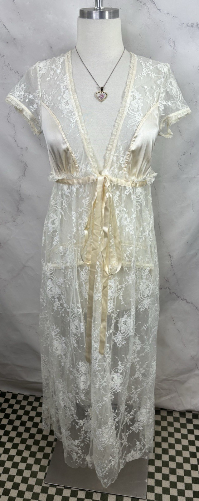 Vtg 90s CLAIRE PETTIBONE Babydoll Sheer Lace Silk Nightgown Robe Dress S Bride