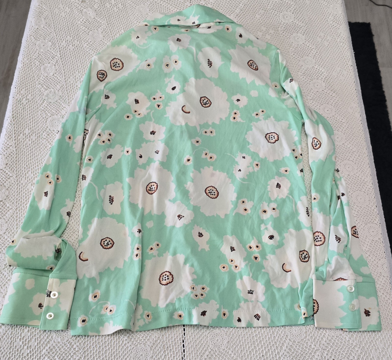 70s Mint Green Floral Disco Shirt Dagger Collar Fits Modern XS/S (Tagged L)