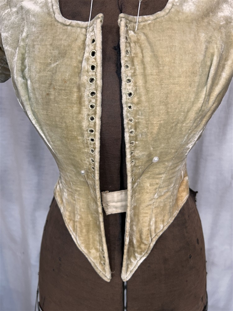 antique bodice lace front pierrot jacket gold velvet stiff bones replica1780s