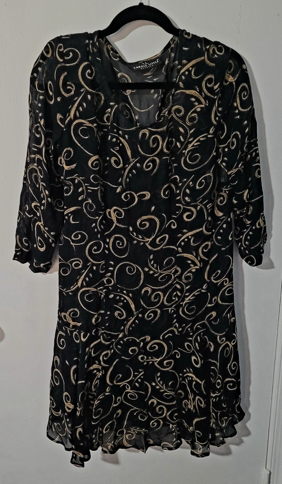 Vintage Carol Little Black & Gold Midi Dress sz 6 flared rayon