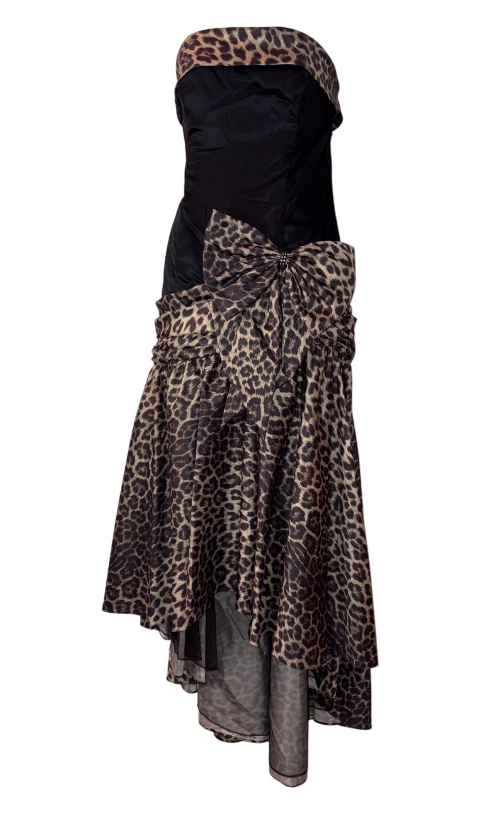 Vintage 80s San Martin Evening Gown: Strapless Black Satin Leopard Taffeta Dress