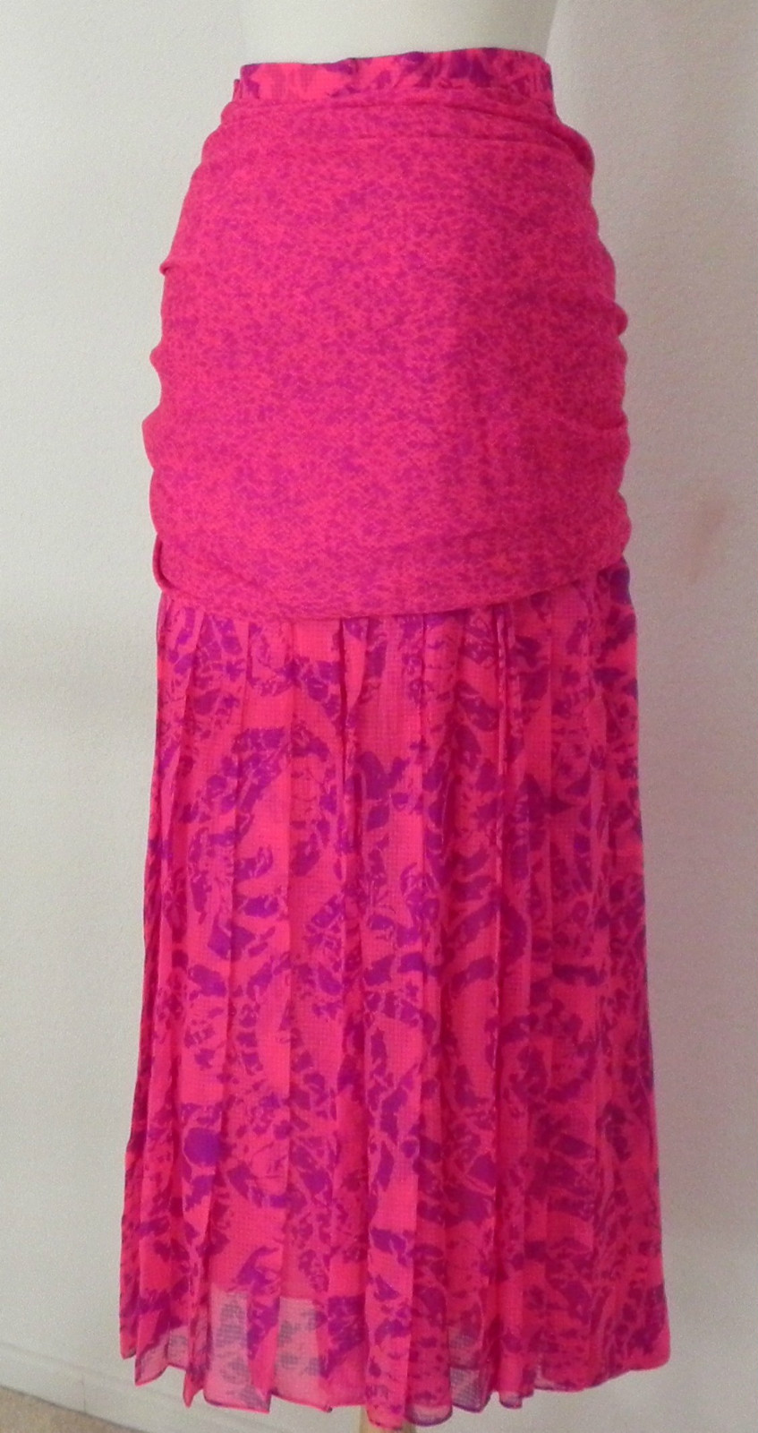 Carolyne Roehm 2 PC Silk Chiffon Tunic Top/Maxi Skirt Neon Fuchsia/Purple Size S