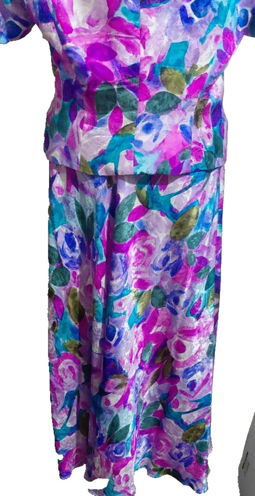 Adrianna Papell 2 PC 100% Silk Jacket & Long Skirt Pink Blue White Floral SZ 14