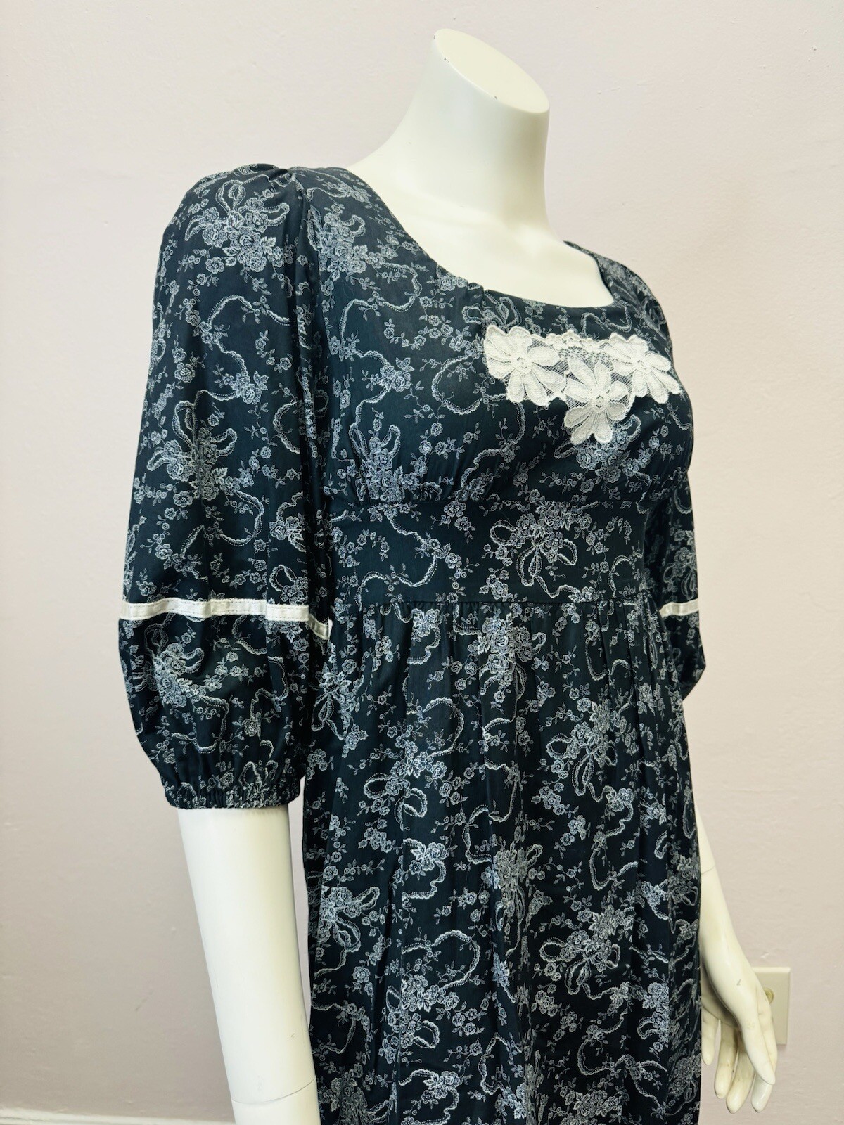 Vintage 70’s paper moon Gunne dress goth black floral prairie maxi 7 fits 9