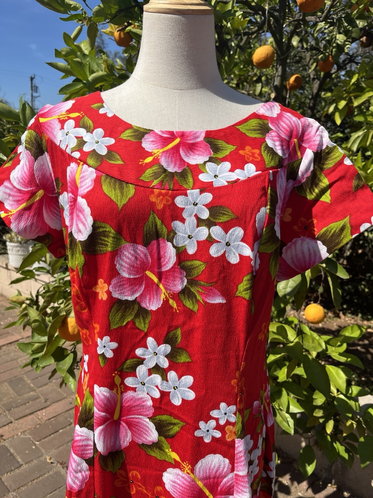 Vintage 60s 50s Ui-Maikai Red Hawaiian Maxi Dress Pink Hibiscus Floral Cotton LG